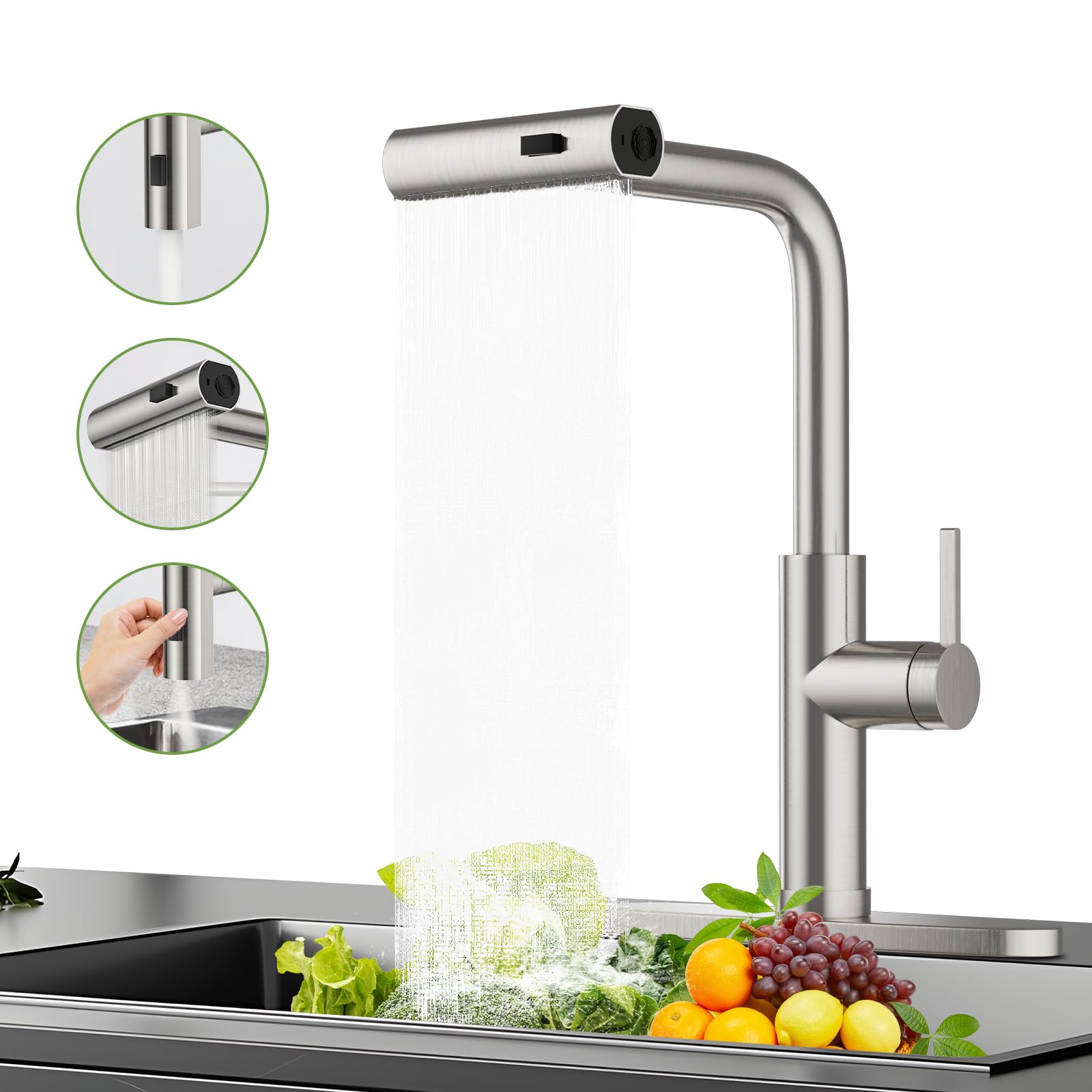 Pzto Rustproofing Stainless Steel Nickel Pull Down Kitchen Sink Faucet Waterfall 24” Cleaning Distance 360° Swivel 3 Cleaning Modes Switching Bubbles Powerful Kitchen Faucet
