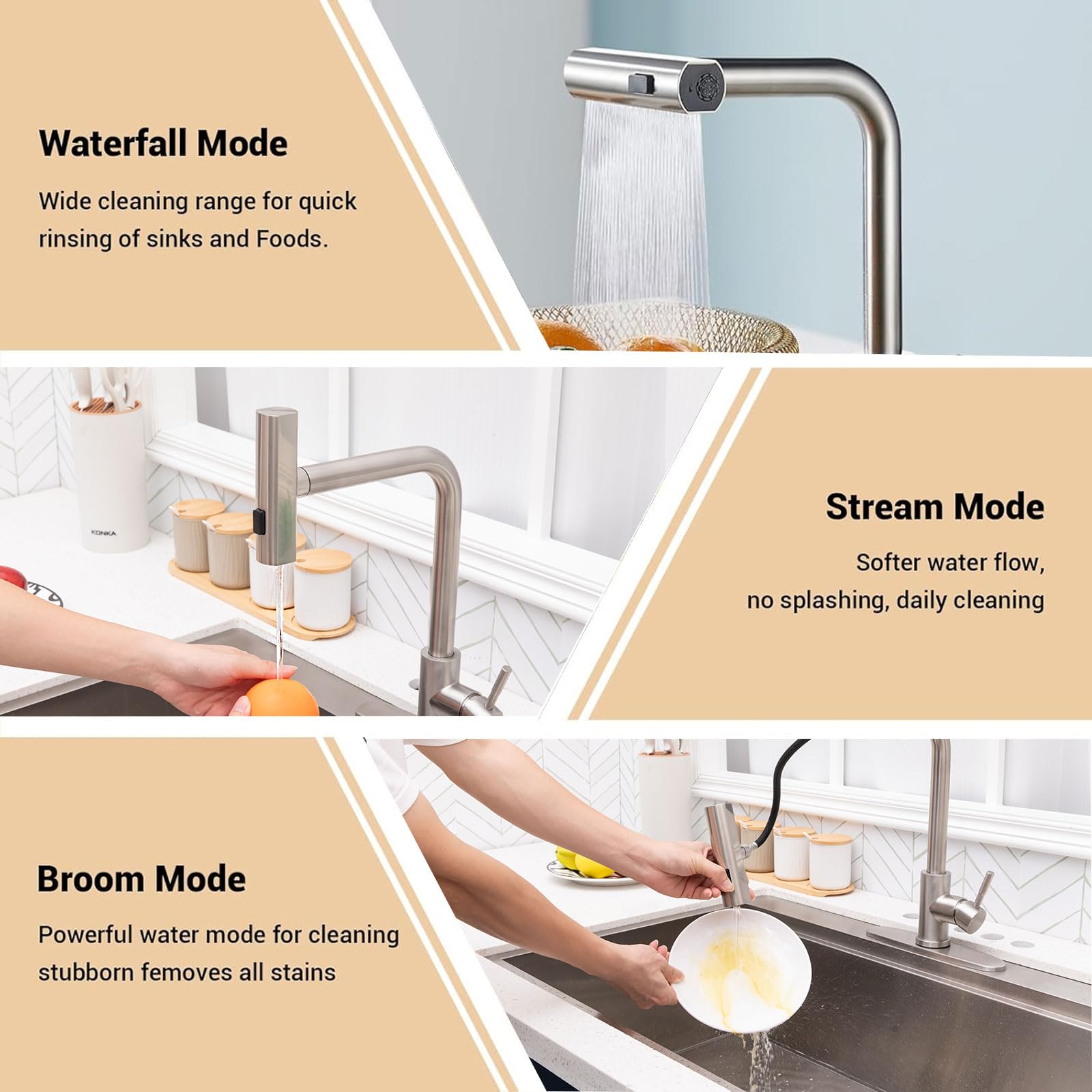 Ricinun Waterfall Kitchen Sink Faucet With Pull Down Sprayer Pull Out Stainless Steel Brushed Nickel Kitchen Faucet Single Handle 3 Function 360 Waterfall Swivel Sprayer
