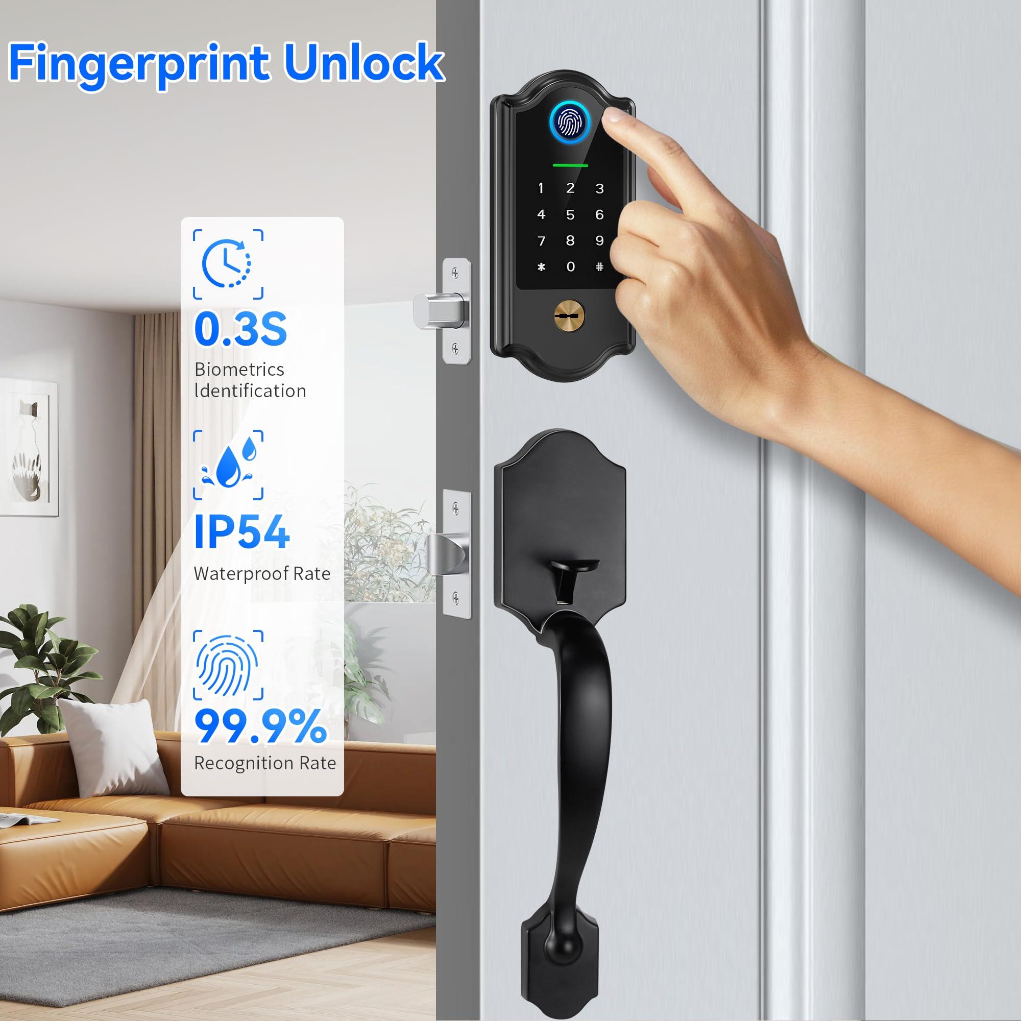 Yosimika Smart Fingerprint Door Lock For Front Door – Keyless Entry Deadbolt With Handle Set, Digital Keypad, App Control, Auto Lock, Easy Install, Matte Black