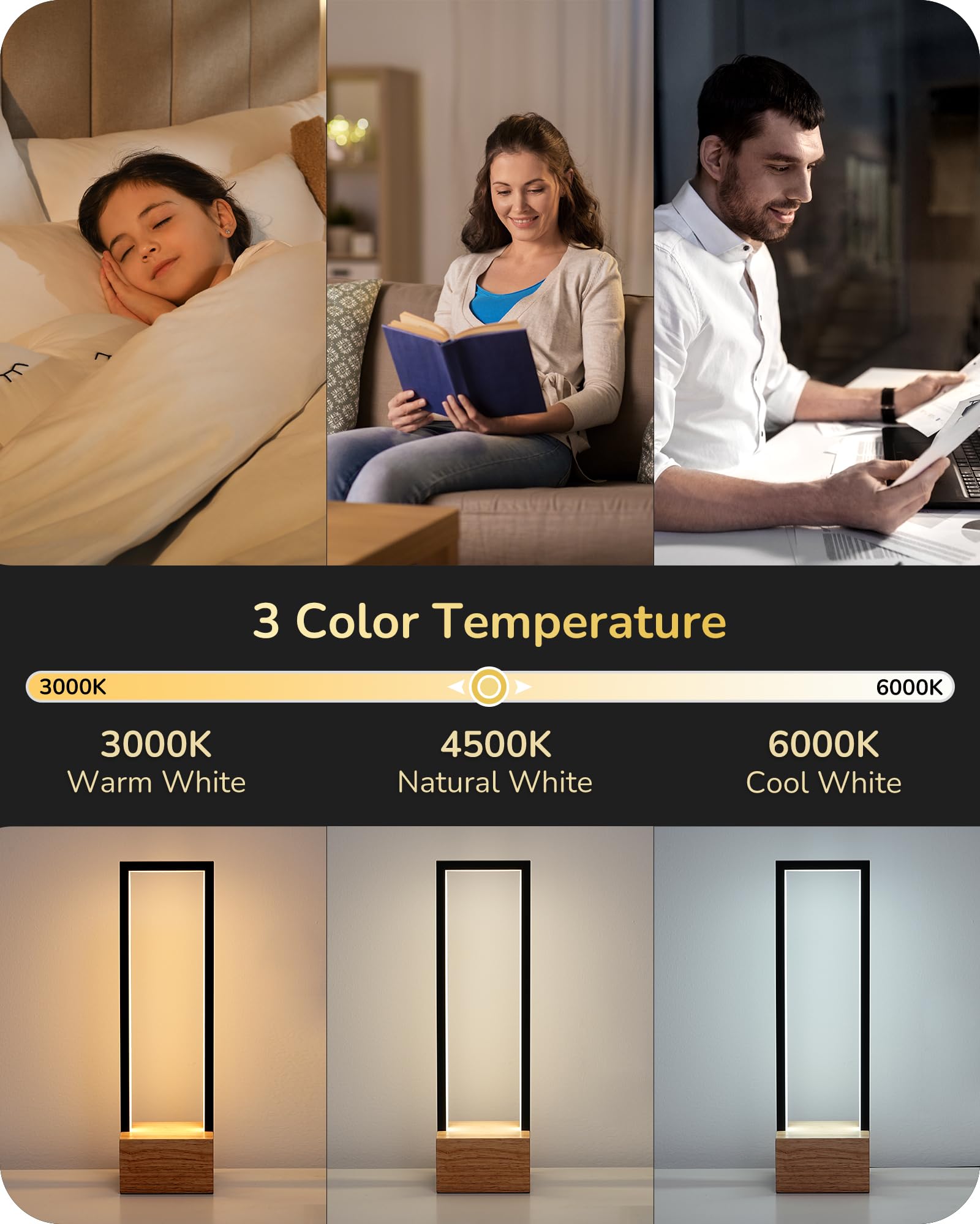 Edishine Modern Table Lamp, Dimmable Led Bedside Lamp With 3 Color Temps 3000K 4500K 6000K, Black Square Aluminum Frame, Complete Wooden Base, Nightstand Lamp For Bedroom