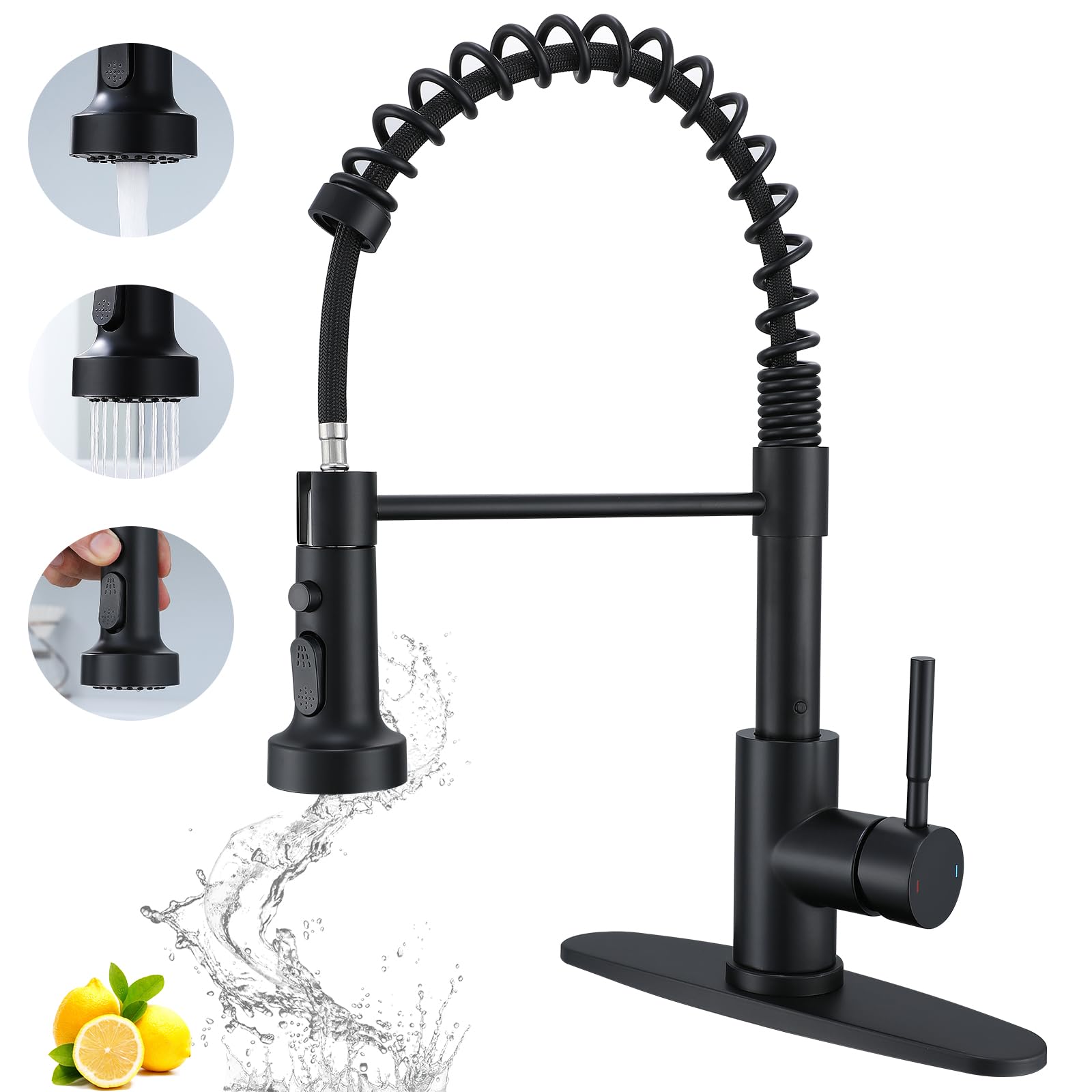 Gcgweqs Black Kitchen Faucet With Pull Down Sprayer, Single Handle Stainless Steel Pull Out Spring Sink Faucets 1 Hole Or 3 Hole Dual Function For Farmhouse Camper Laundry Utility Rv Wet Bar