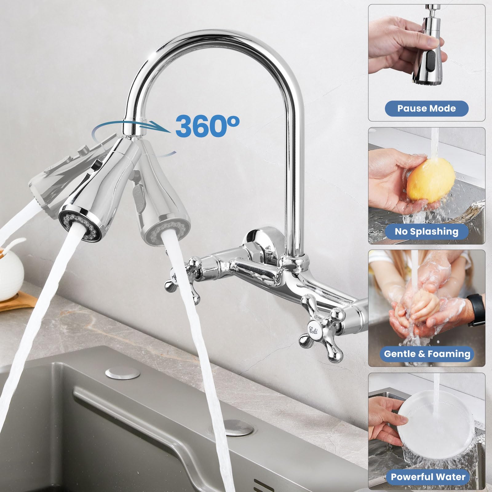 Airuida Wall Mounted Kitchen Faucet 8 Inch Center With 3 Functions Sprayer 360 Degree Swiveldouble Cross Handles Kitchen Faucets Restaurant Utility Laundry Commercial Mixer Tap Chrome Polish