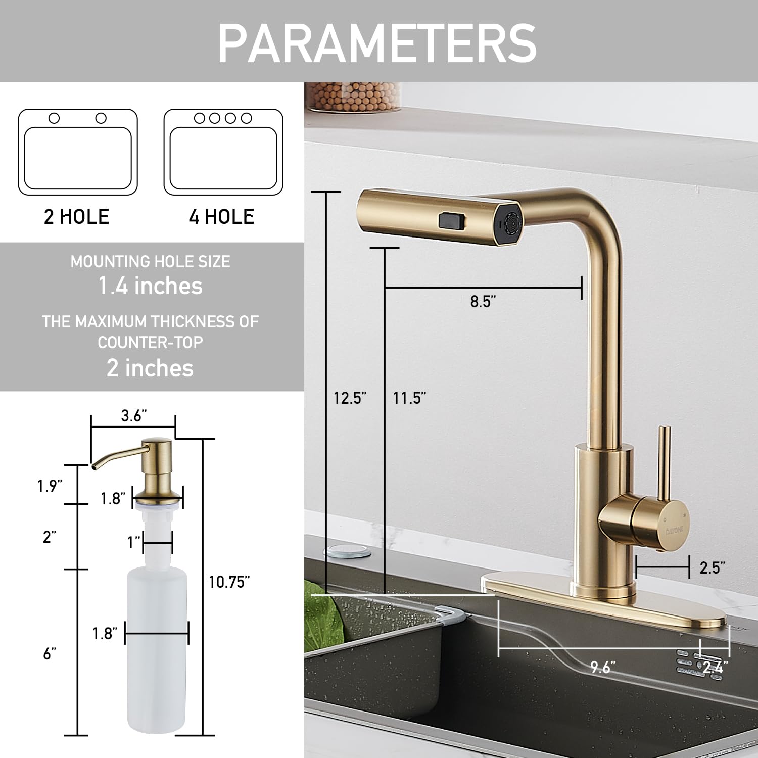 Zoriou Kitchen Faucets With Pull Down Sprayer, Brushed Gold Waterfall Kitchen Sink Faucet With Soap Dispenser, Single Hole Stainless Steel Kitchen Faucet, Modern Single Handle Pull Out Kitchen Faucet