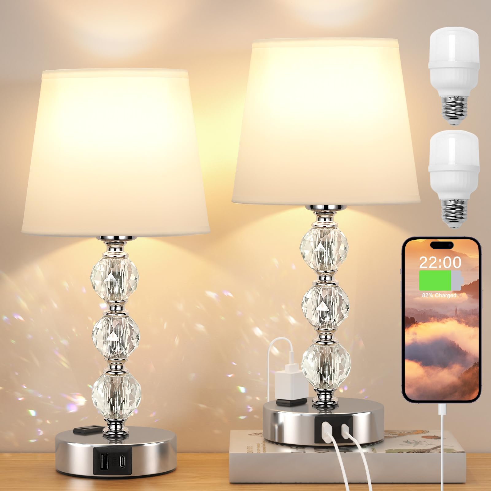 Acaxin 14.6'' Bedside Lamps For Bedrooms Set Of 2 - Mini Crystal Table Lamps With Usb A+C Charging Ports And Ac Outlet, 3 Way Dimmable Touch Control Silver Bed Side Nightstand Lamp
