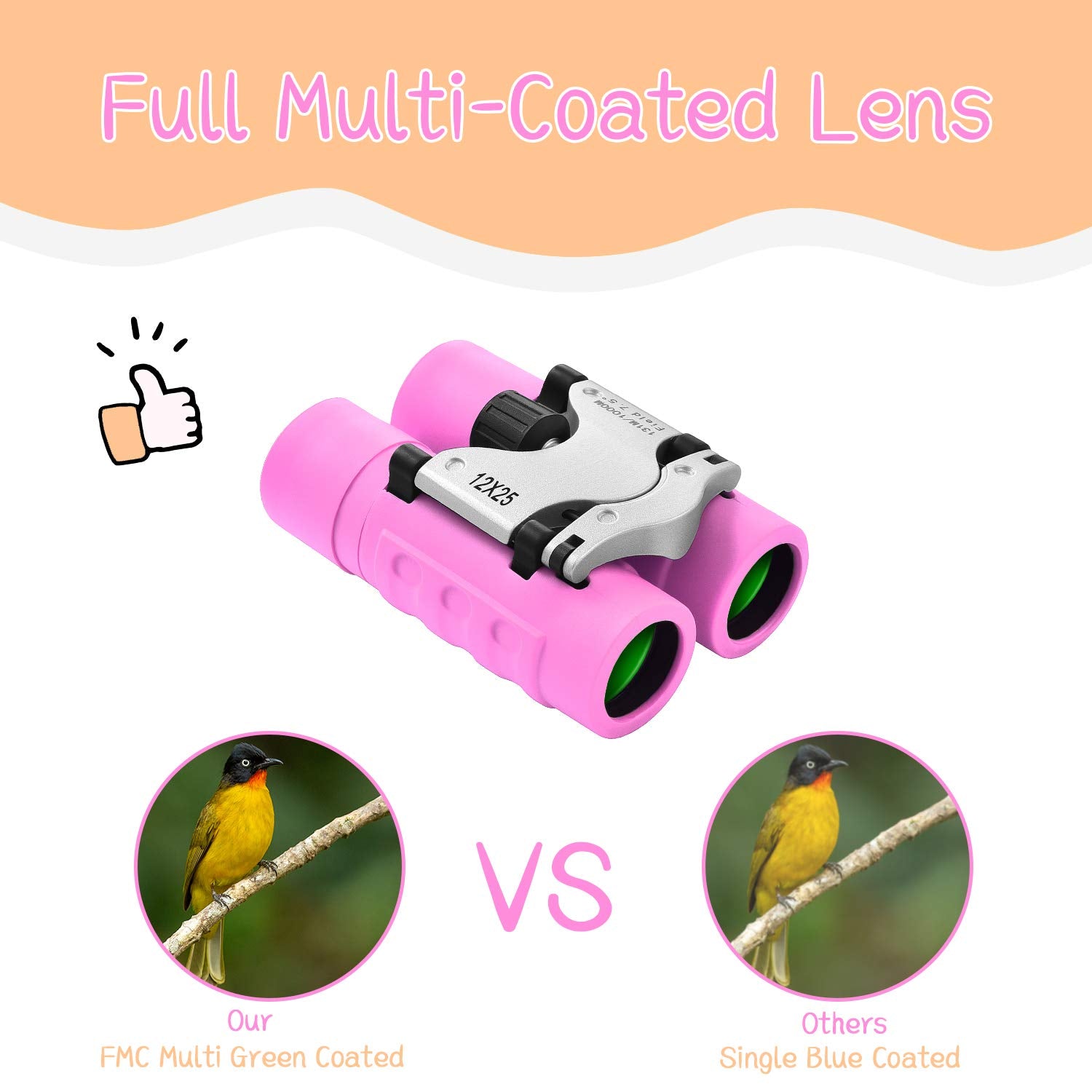 Wrnrn Compact High Resolution Shockproof Binoculars 12X25 Real Optics Small Lightweight Binoculars For Bird Watching, Camping, Hiking, Children, Boys, Girls 8-12 (Pink)