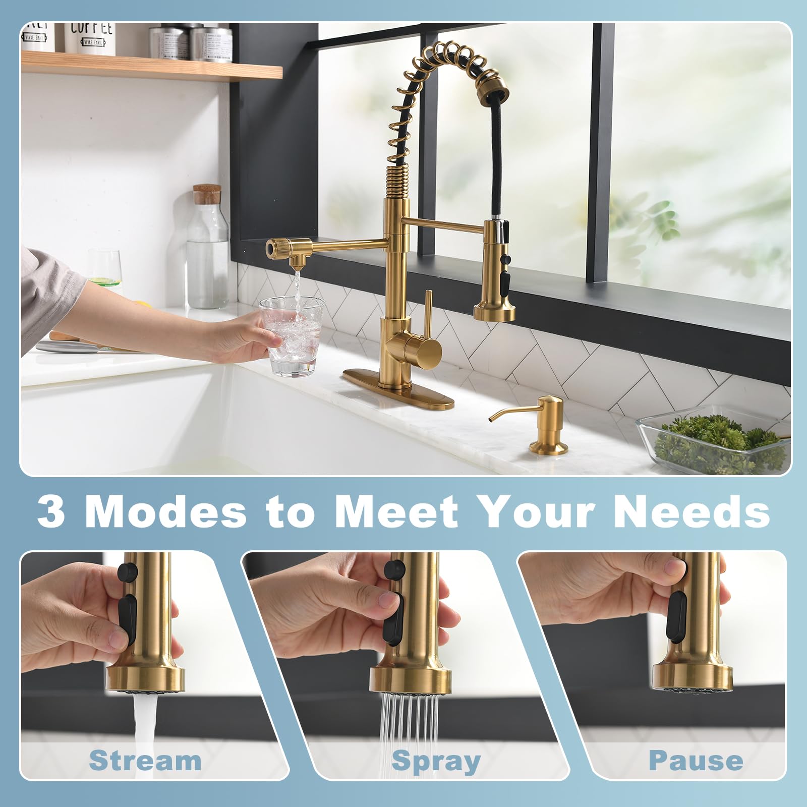 Gimili Brushed Gold Drinking Water Faucet 3 In1 Commercial Style Pull-Down Single Handle Filter Kitchen Faucet For Water Filtration System,Without Water Filtration Device