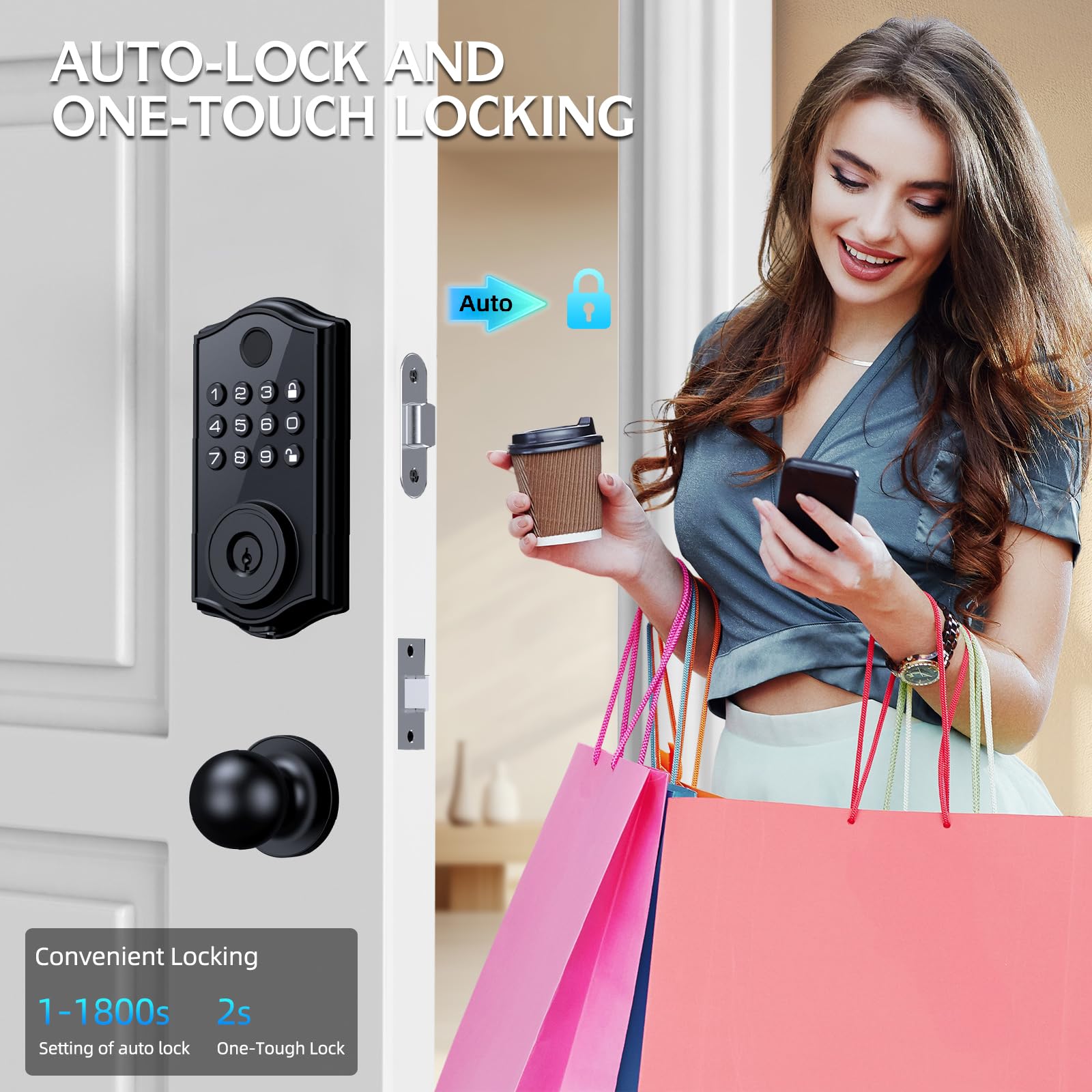 Dhilldsa Smart Locks For Front Door,App Control Keyless Entry Fingerprint Door Lock,Keypad Deadbolt Set With Handle,Easy Installation,Auto-Lock,(Matte Black)