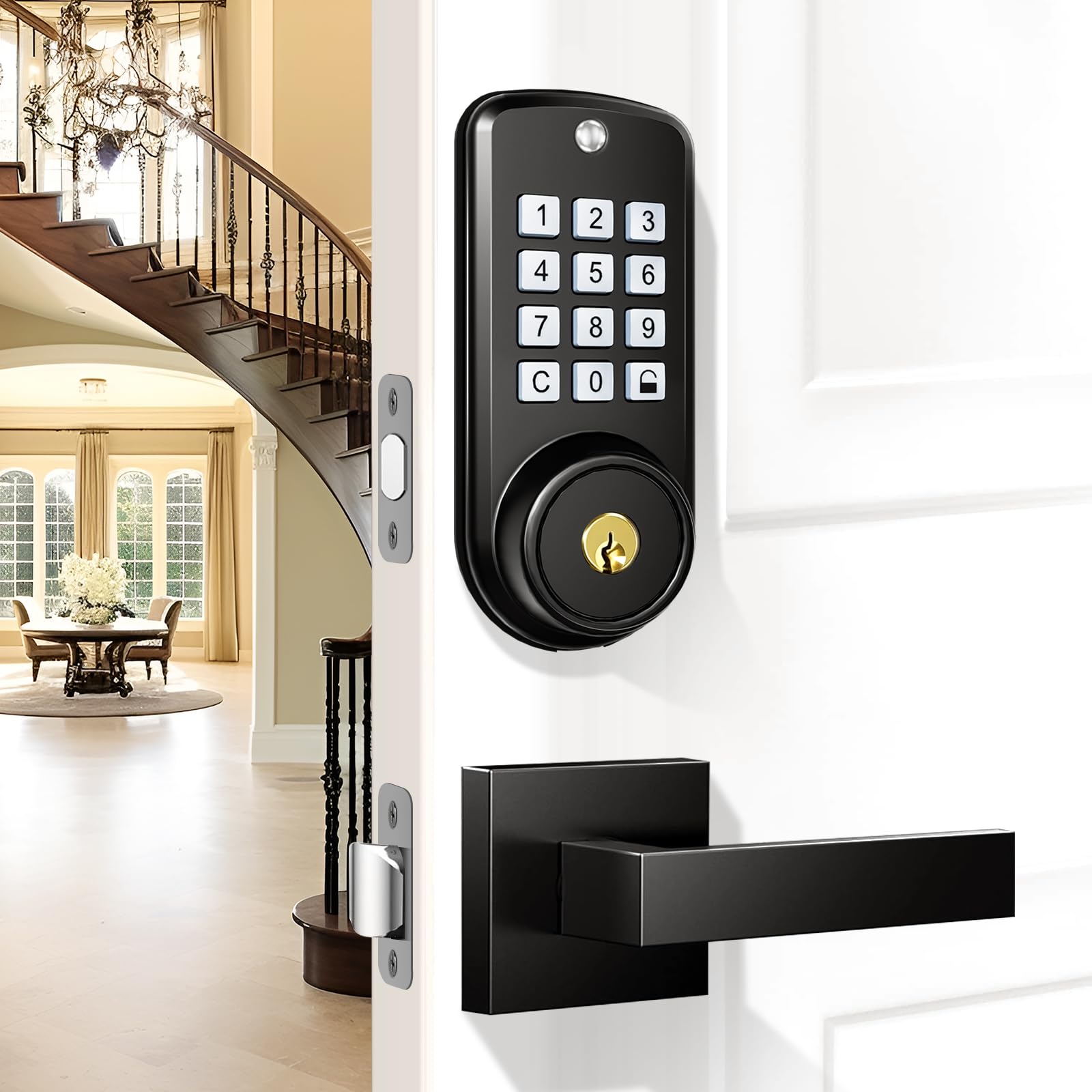 Dinstech Keyless Entry Door Lock With 2 Lever Handles, Electronic Keypad Deadbolt, Auto-Locking, Anti-Peeping Password, Front Door Handle Sets, Easy Installation Design, Matte Black
