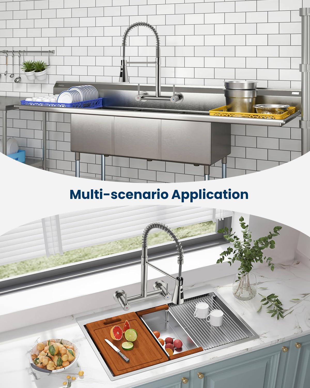 Ajo Bend Wall Mount Kitchen Faucet 2 Handles, 8 Inch Center Wall Commercial Utility Sink Faucet With Pull Out Sprayer 3 Modes, Stainless Steel, Brushed Nickel