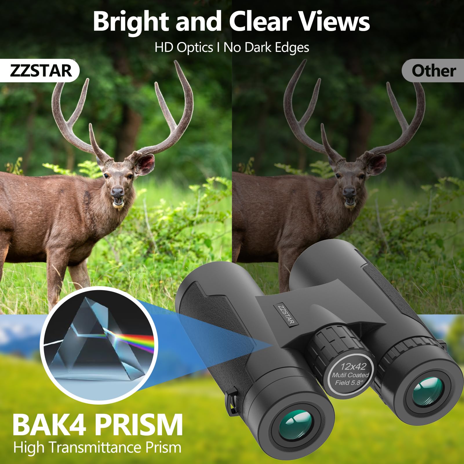 Zzstar 12X42 Binoculars For Adults High Powered, Professional Hd Binoculars With Clear Low Light Vision, Large View, Waterproof, For Bird Watching Hunting Hiking Travel Football Game
