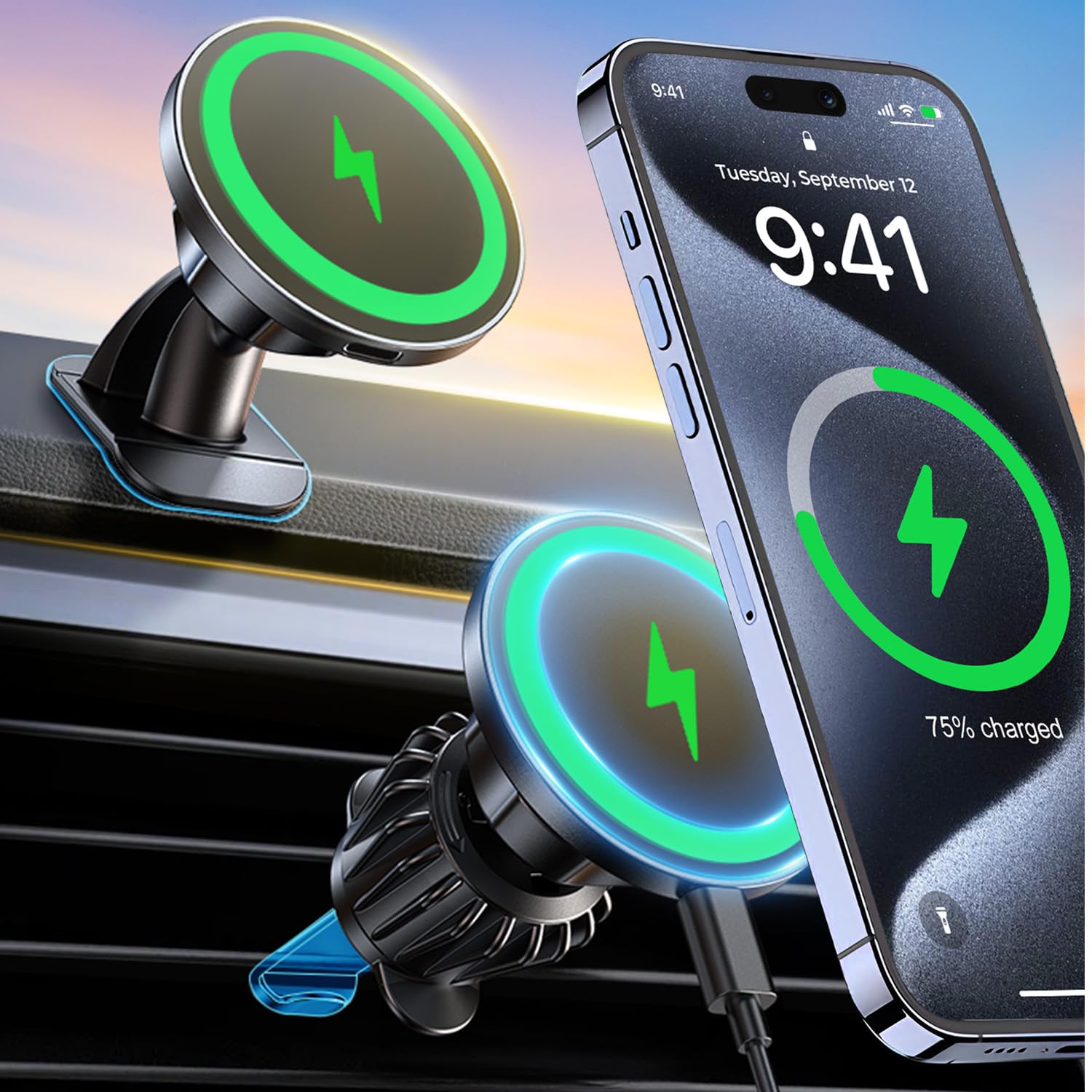 Aredan For Magsafe Car Mount Wireless Charger, 2-In-1 Dashboard And Air Vent Mount, Strong Adhesive, Heat Resistant, 360° Rotation, Magnetic Phone Holder For Your Car Accessories For Iphone 16/15 Pro Max