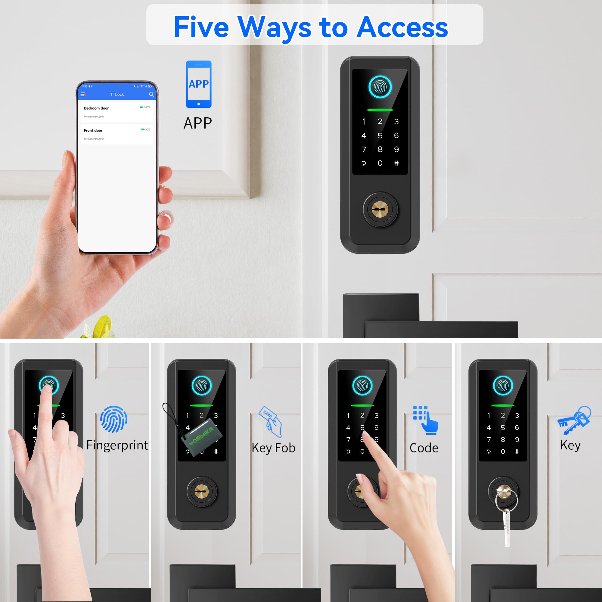Yosimika Keyless Entry Door Lock With Handle Set,Smart Front Door Lock With Keypad Set,Keyless Entry Digital Deadbolt,Smart Deadbolt With Auto Lock,App Control, Matte Black