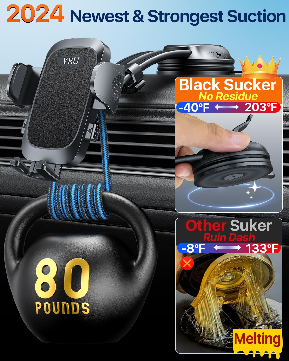 Yru Best【Rotate 90+Lbs Safest Strongest Suction】 Ultimate Car Phone Holder Mount【Military-Grade & All Patent Safety Certs】 Dashboard Windshield For Iphone 16 15 Pro Max 14 13 Samsung, Black