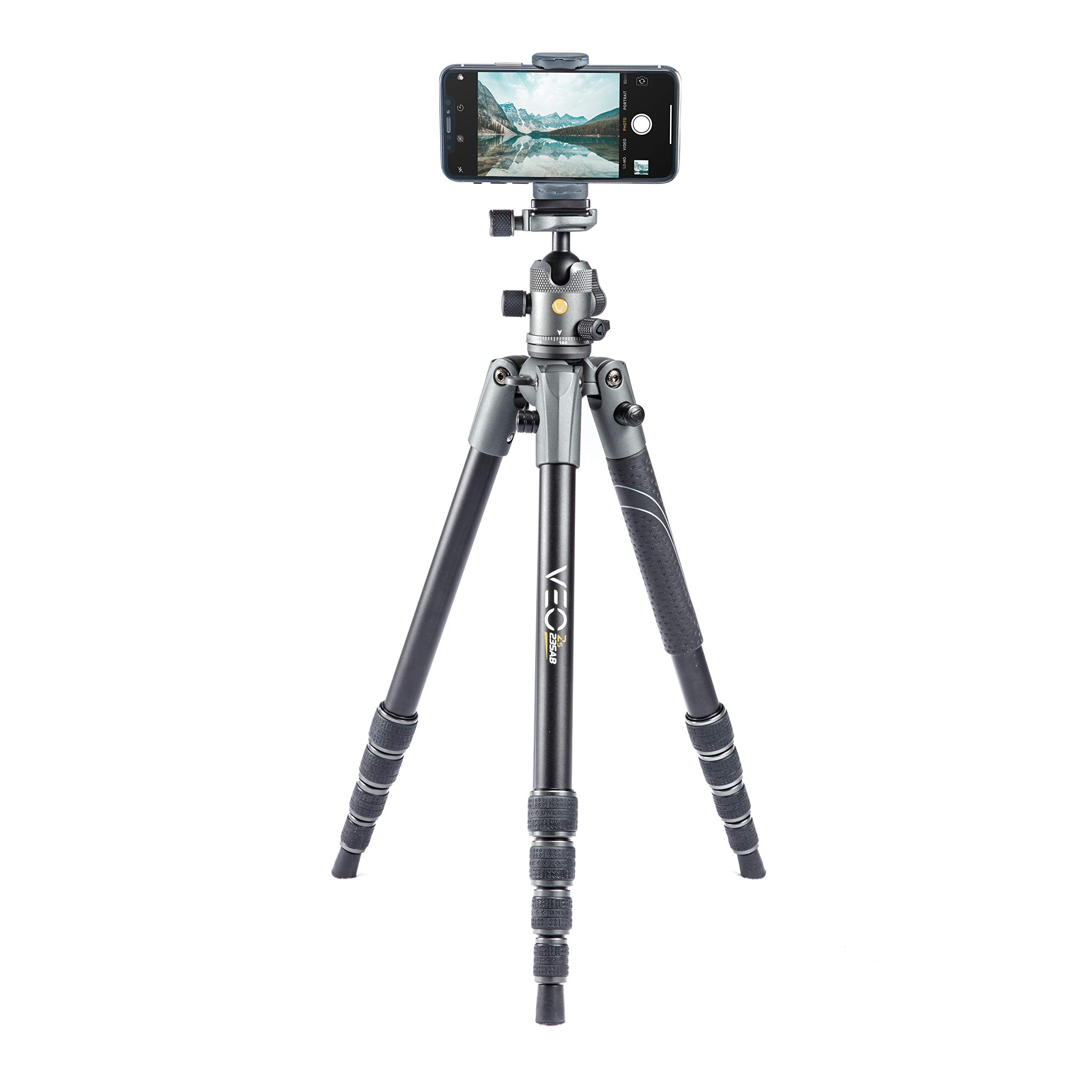 Vanguard Veo2S265Ab Aluminum Travel Tripod With Ball Head, Monopod Option, Smart Phone Holder, Spiked Feet, And Tripod Bag