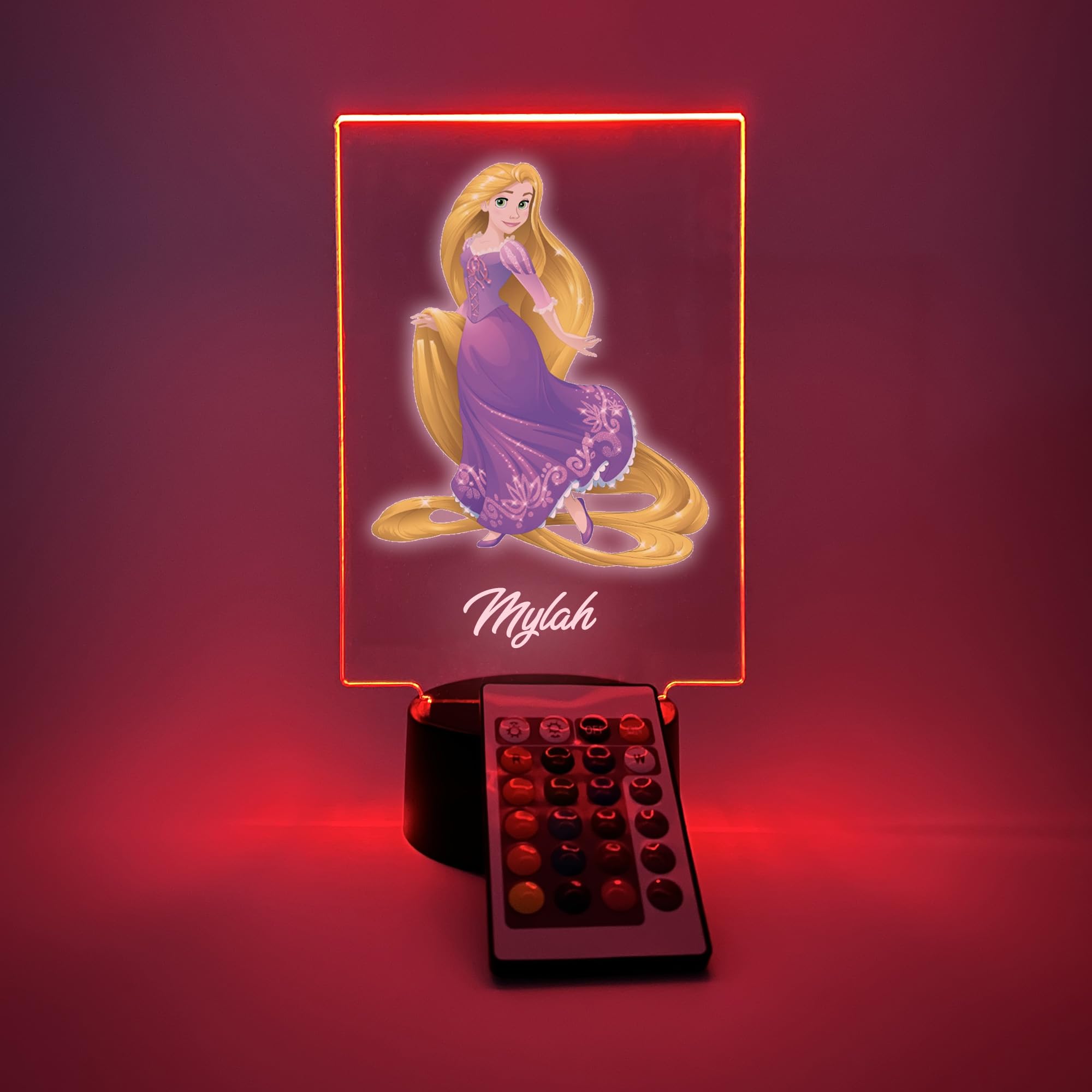 Mirror Mania Princess Rapunzel Led Night Light Up Desk Table Lamp Stand Themed Personalized Engraved Home Girls Room Decor, 16 Bright Color Options, With Remote