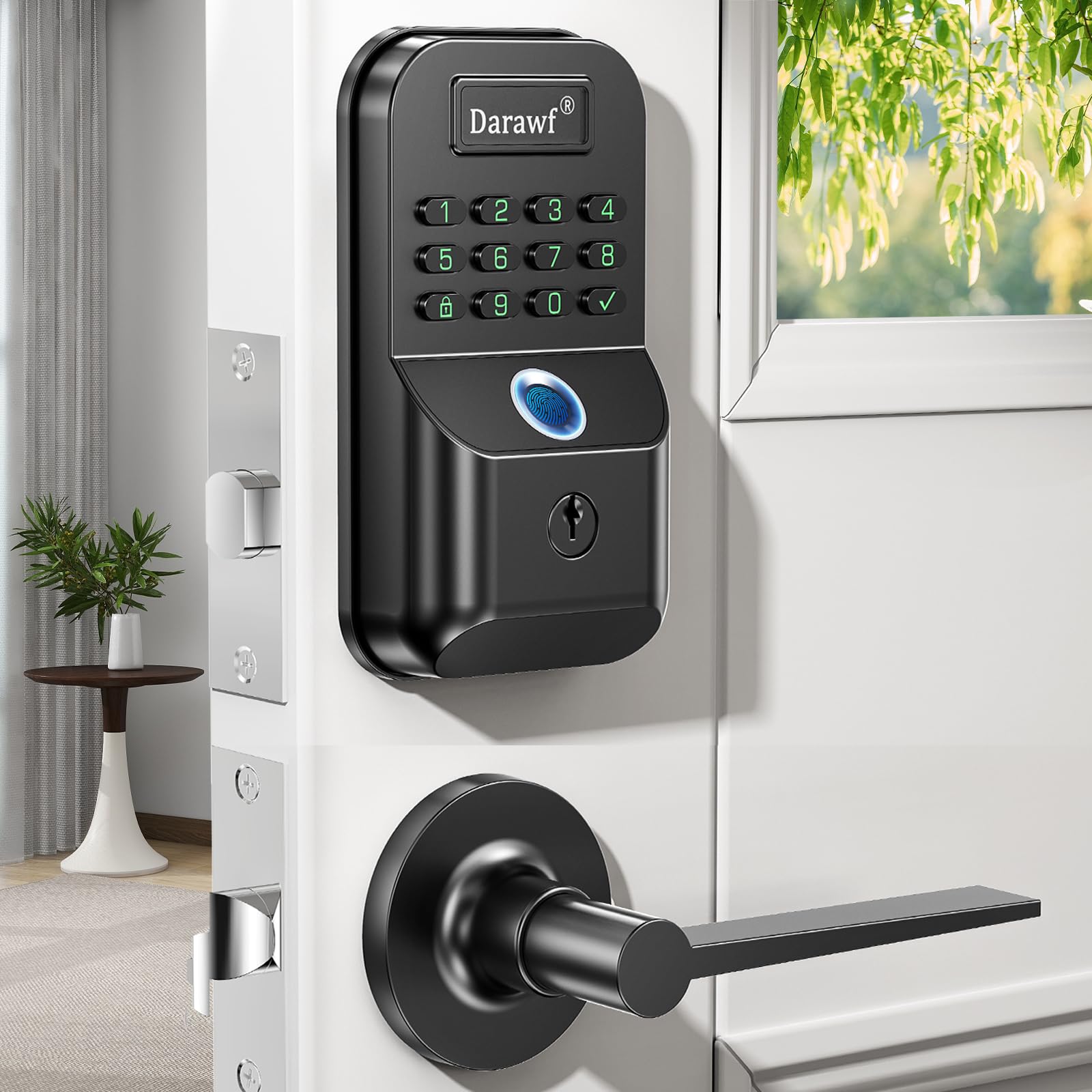 Darawf Fingerprint Door Lock With 2 Lever Handles - Keyless Entry Smart Deadbolt,Electronic Keypad Lock With Auto Lock,Bluetooth,App Control,Digital Code,Password,Key,Front Door Handle Set,Easy Installation