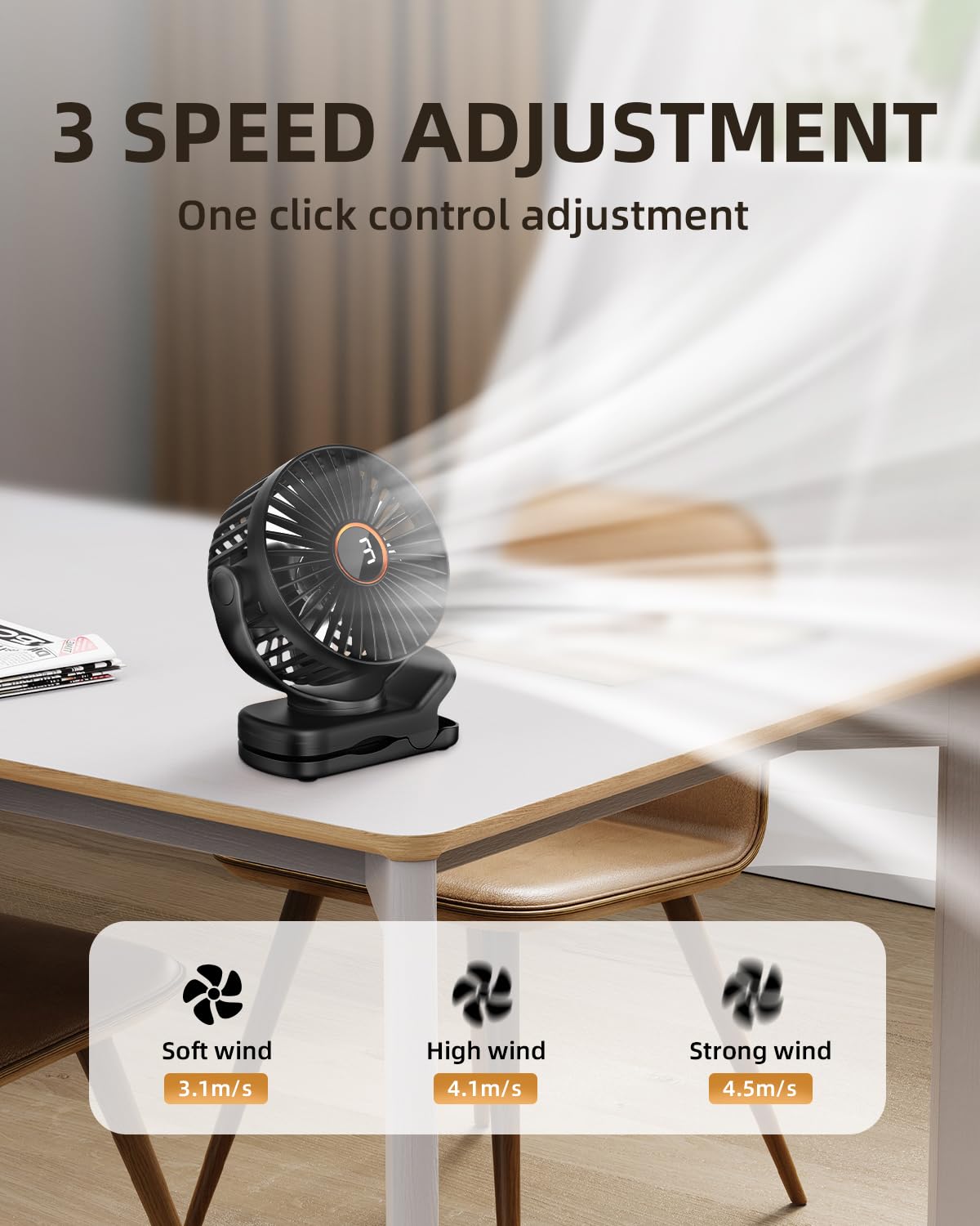 Mini Clip On Fan, Battery Operated Desk Fan, Digital Display,3 Speeds Adjustable, Bidirectional 360
