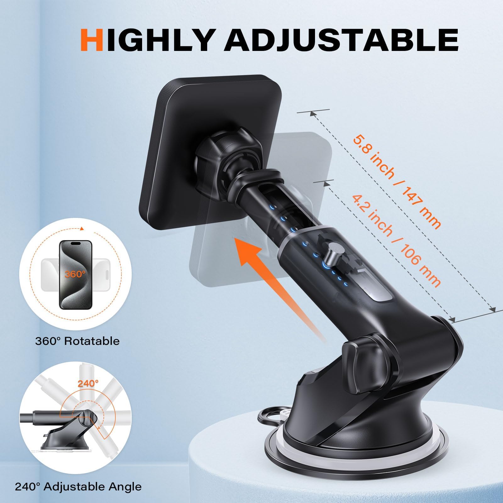 Apps2Car For Magsafe Car Mount, Magnetic Phone Holder For Car With Suction Cup, 17 Strong Magnets & Adjustable Arm, Dashboard & Windshield Phone Mount Compatible With Magsafe Case Iphone 12–15 Series