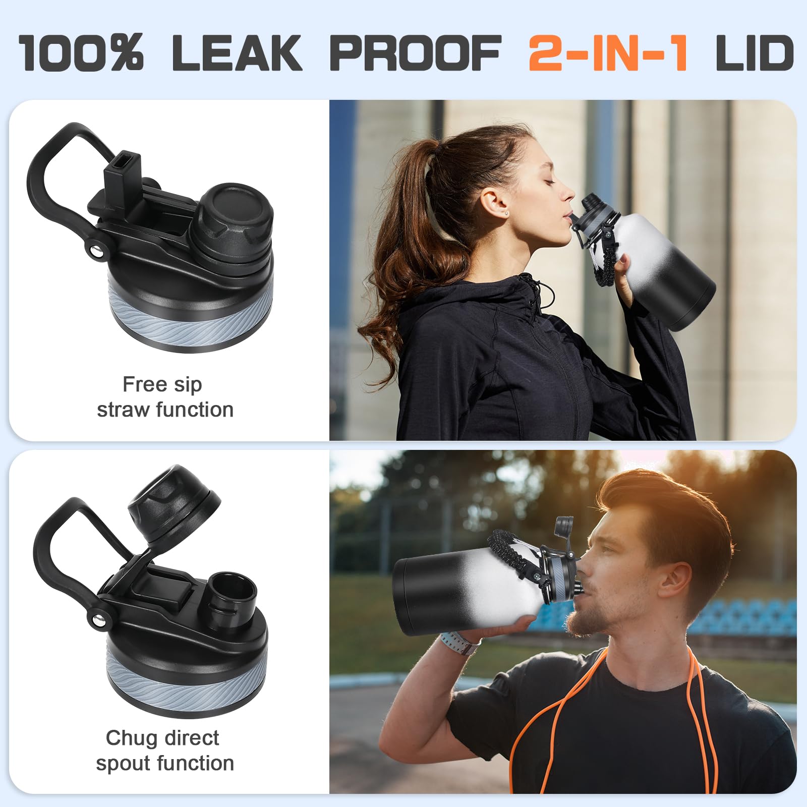 Insulated Water Bottle 64 Oz, Half Gallon Water Jug Cold 48H, Stainless Steel Bottles