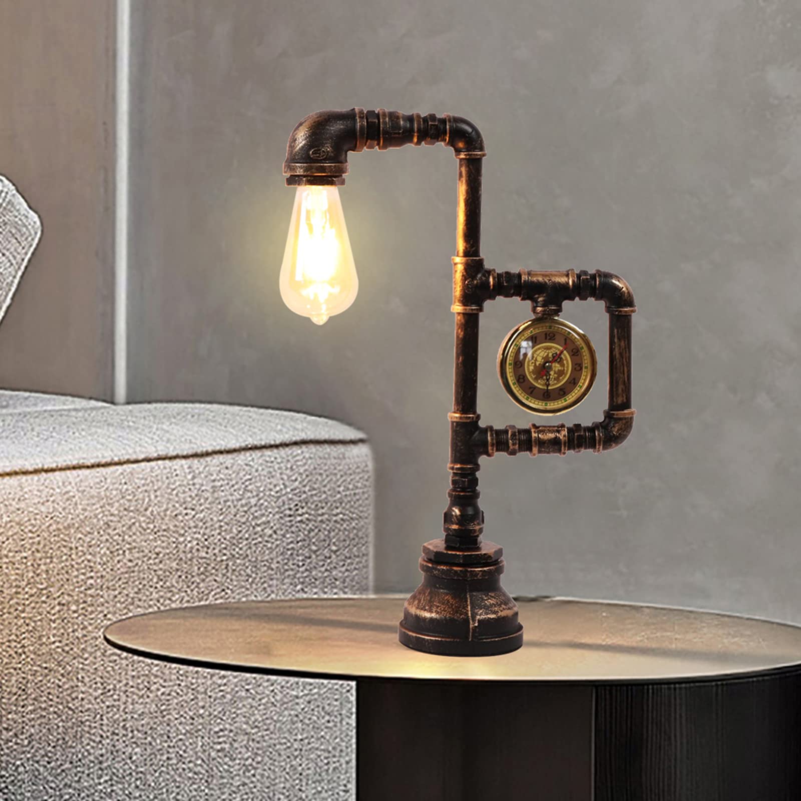 Tfcfl Retro Water Pipe Table Lamp For Bedroom, Vintage Steampunk Desk Lamp With Clock Plug-In Table Lamp Light Nightstand Lamp E26 60W Max For Living Room