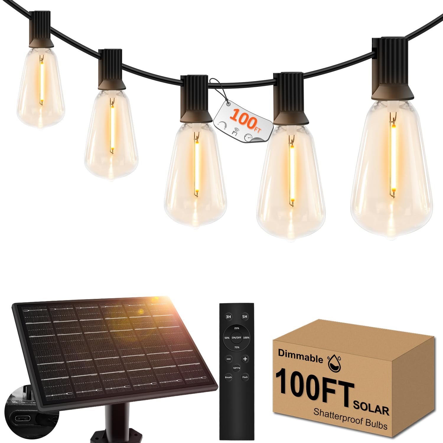 Ghustar 100Ft Solar Outdoor String Lights With Remote - Usb Rechargeable Solar Powered Outdoor Patio Lights, Larger 3.5W Solar Panel , Timer, Dimmable Shatterproof St38 Bulbs For Backyard, Porch, Garden, Pool