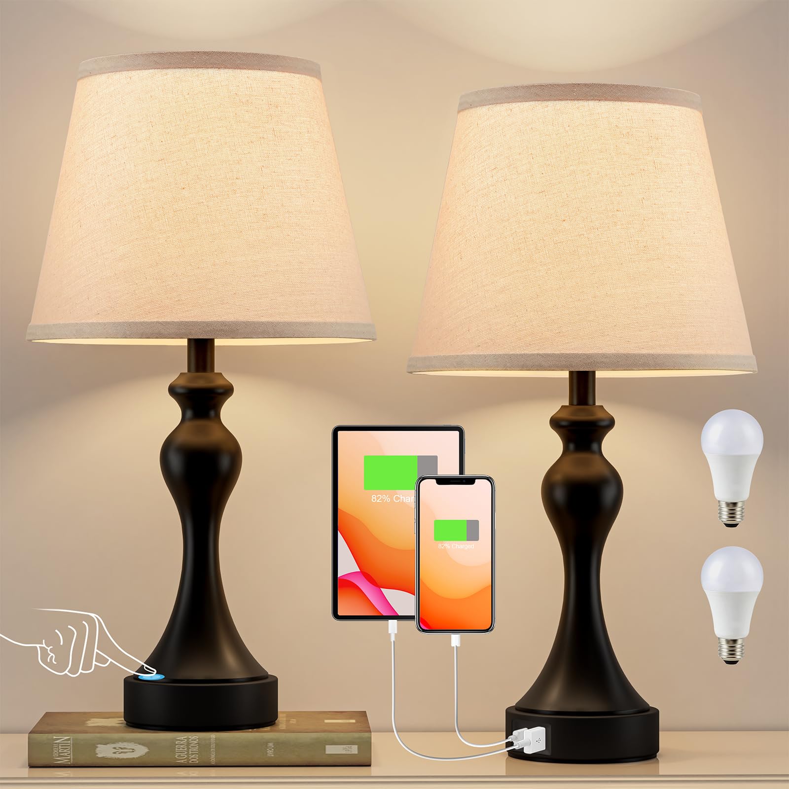 Seealle Touch Lamps For Nightstand - Bedside Lamps Set Of 2, 3 Way Dimmable, Usb C+A For Bedroom & End Tables (Led Bulbs Included)