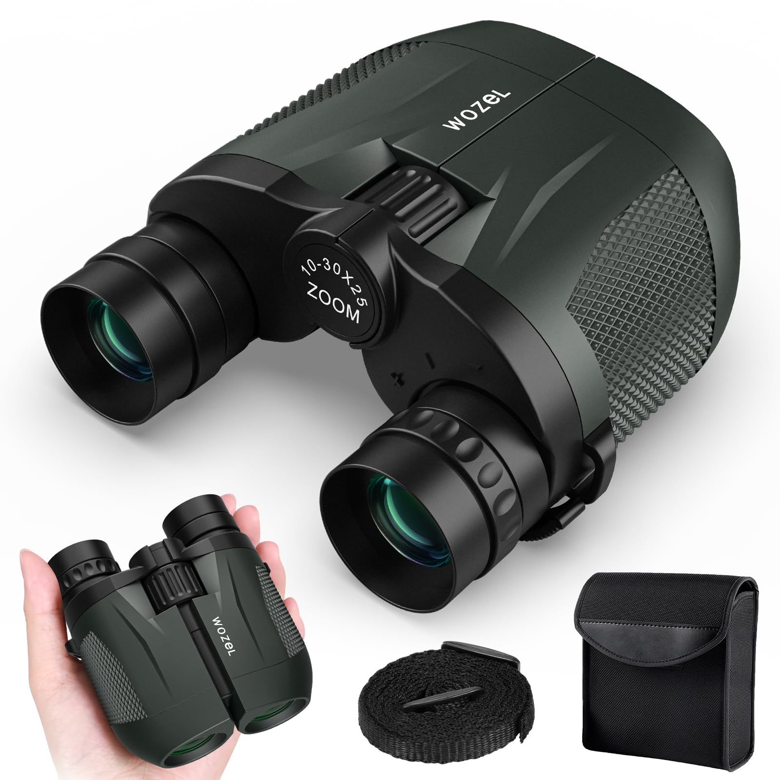Wozel 10-30X25 Compact Binoculars For Adults Kids - High Powered For Bird Watching Hunting Hiking Travel - Zoom Binoculars With Large & Bright Field Of View, Green