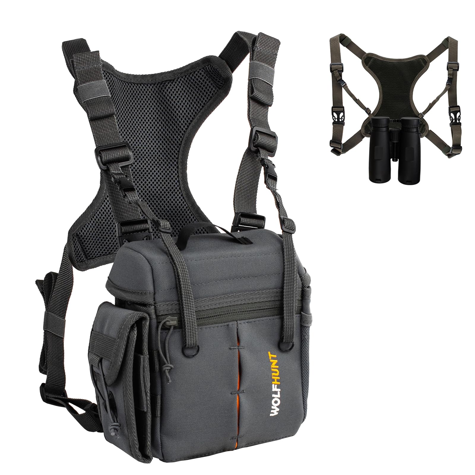 Wolfhunt Binoculars Harness For Hunting With Rangefinder Pouch, Binocular Chest Pack Built-In Magnetic Snap Design, Bino Harness Bag Case Adjustable Strap, Lens Cleaning Cloth, Triple-Use