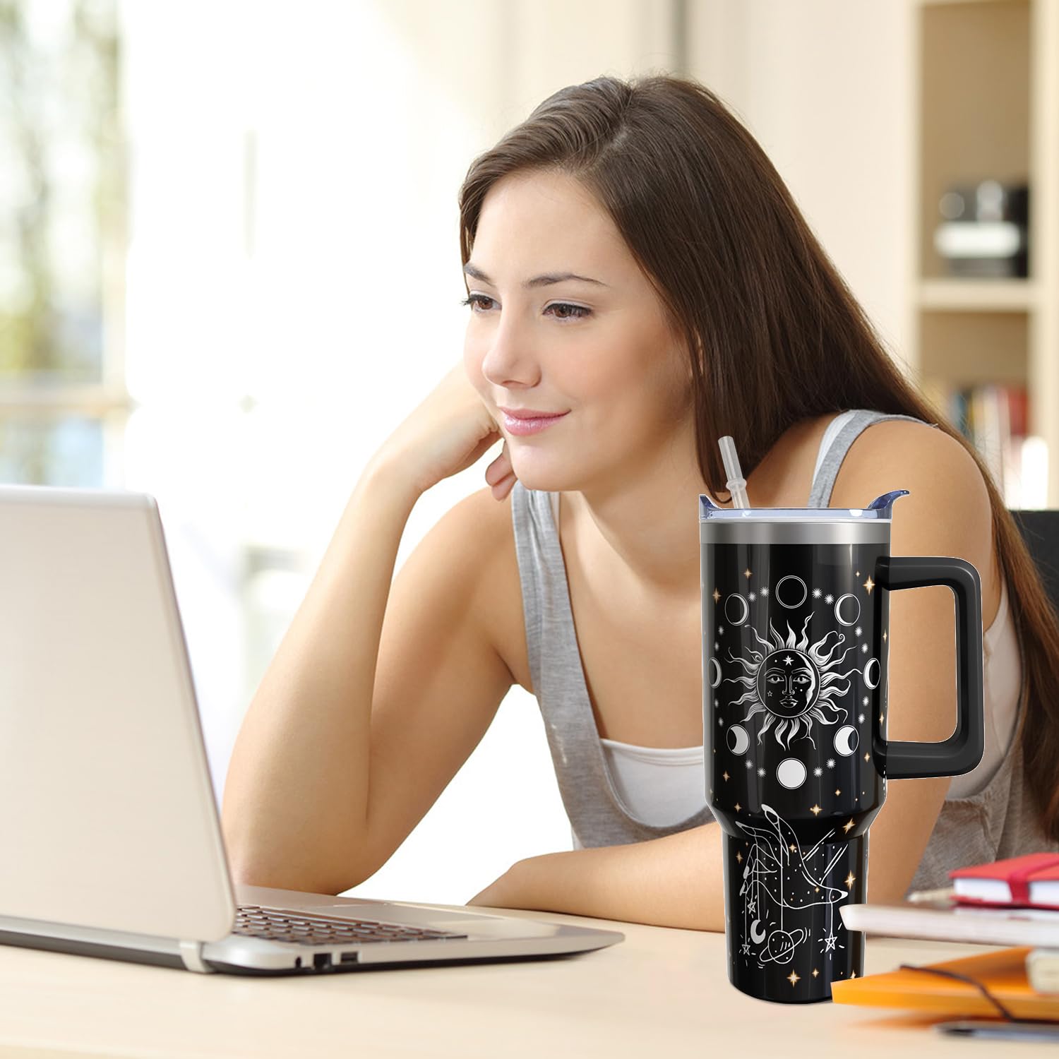 40 Oz Sun And Moon Tumbler With Handle And Straw,Stainless Steel Cup Extra Large Vacuum