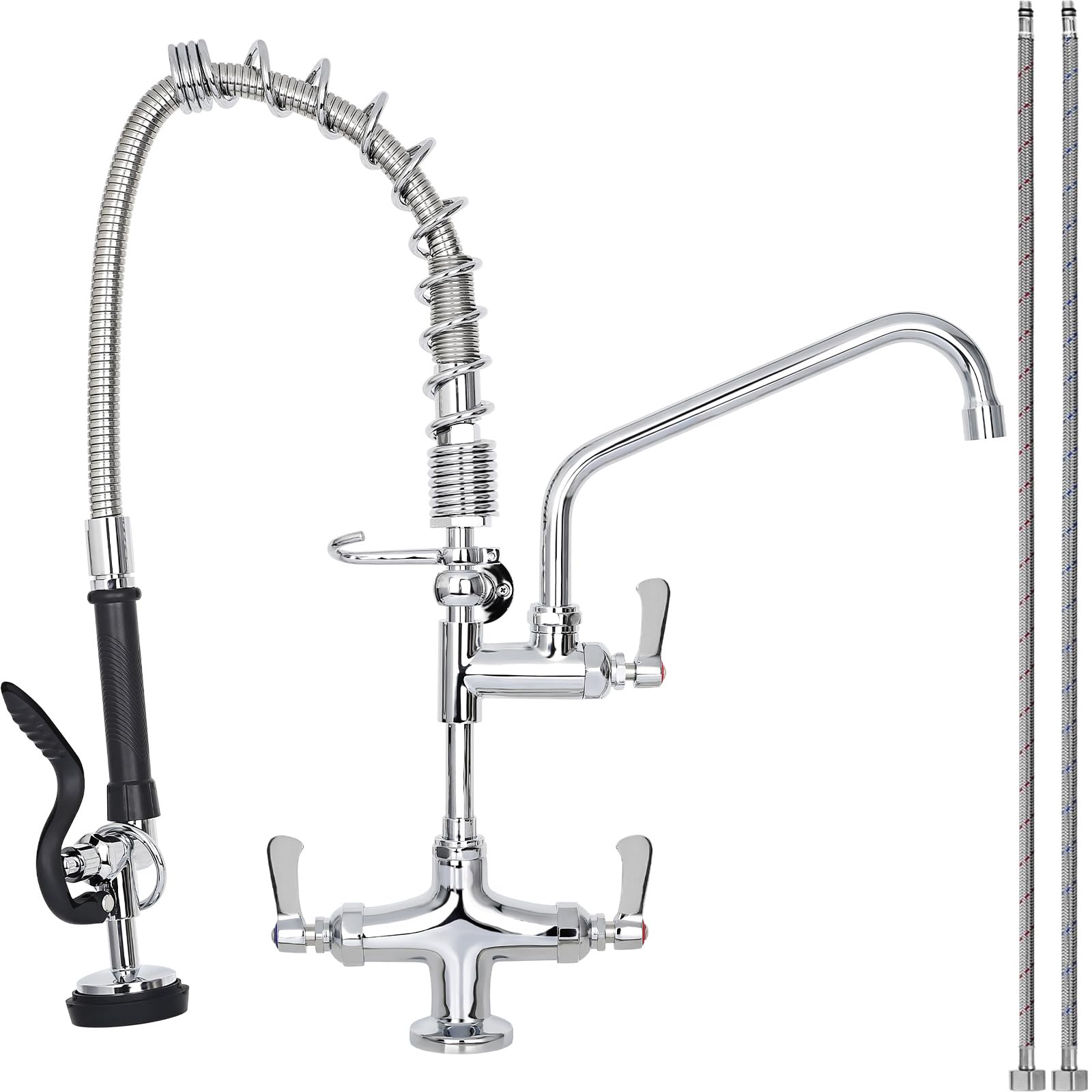 Bzimak 21" Height Commercial Sink Faucet Deck Mount With Pre-Rinse Sprayer, Commercial Kitchen Faucet With 8" Add-On Swing Spout Faucet & Spring Pull Down Sprayer, 8" Adjustable Center Kitchen Faucet