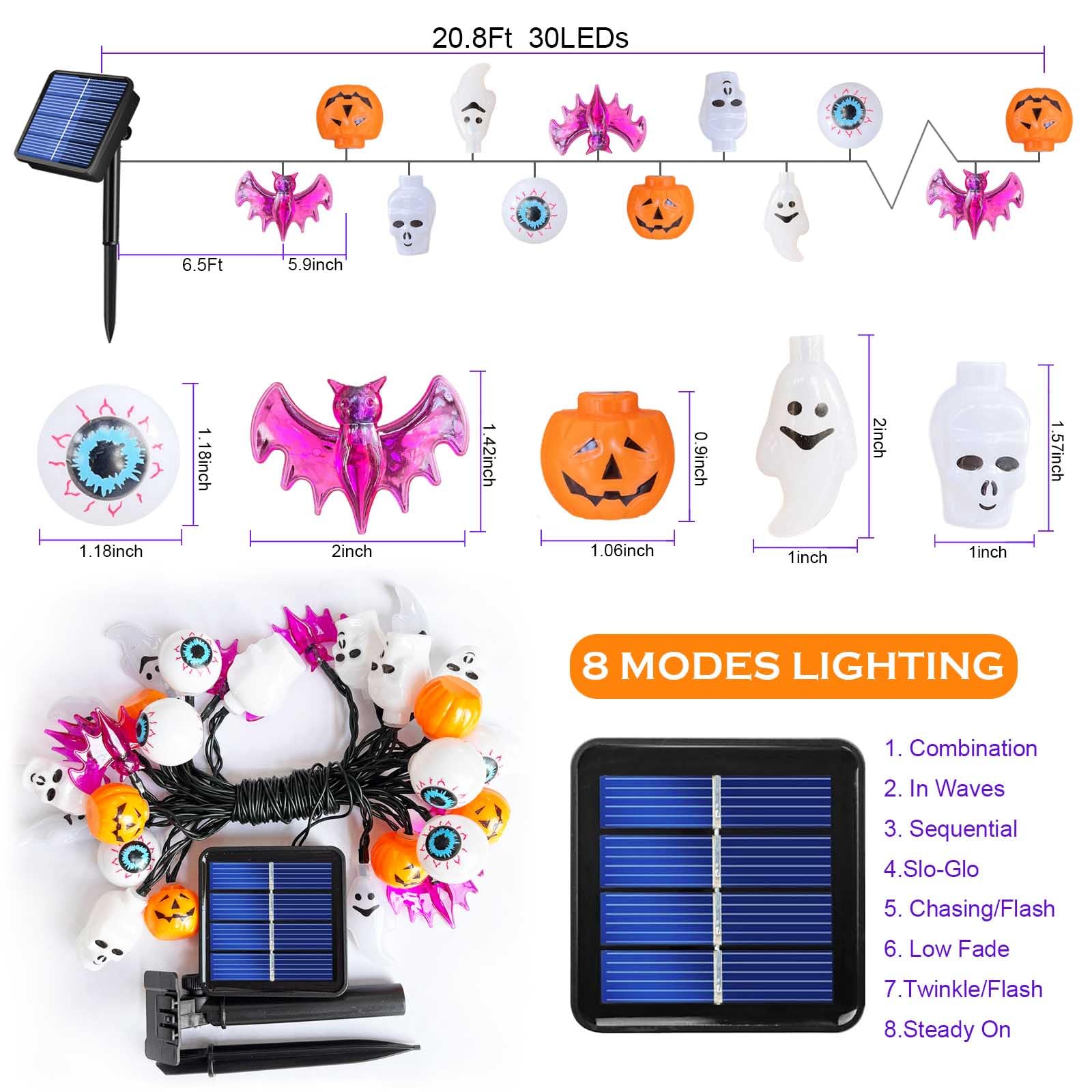 Awinking  set 5-In-1 Solar Halloween String Lights For Outdoor Decor, Spooky Skull Bat Ghost Eyeball Pumpkin Lights For Halloween Outside Window Door Golf Cart Camper Balcony Porch Railing Decorations