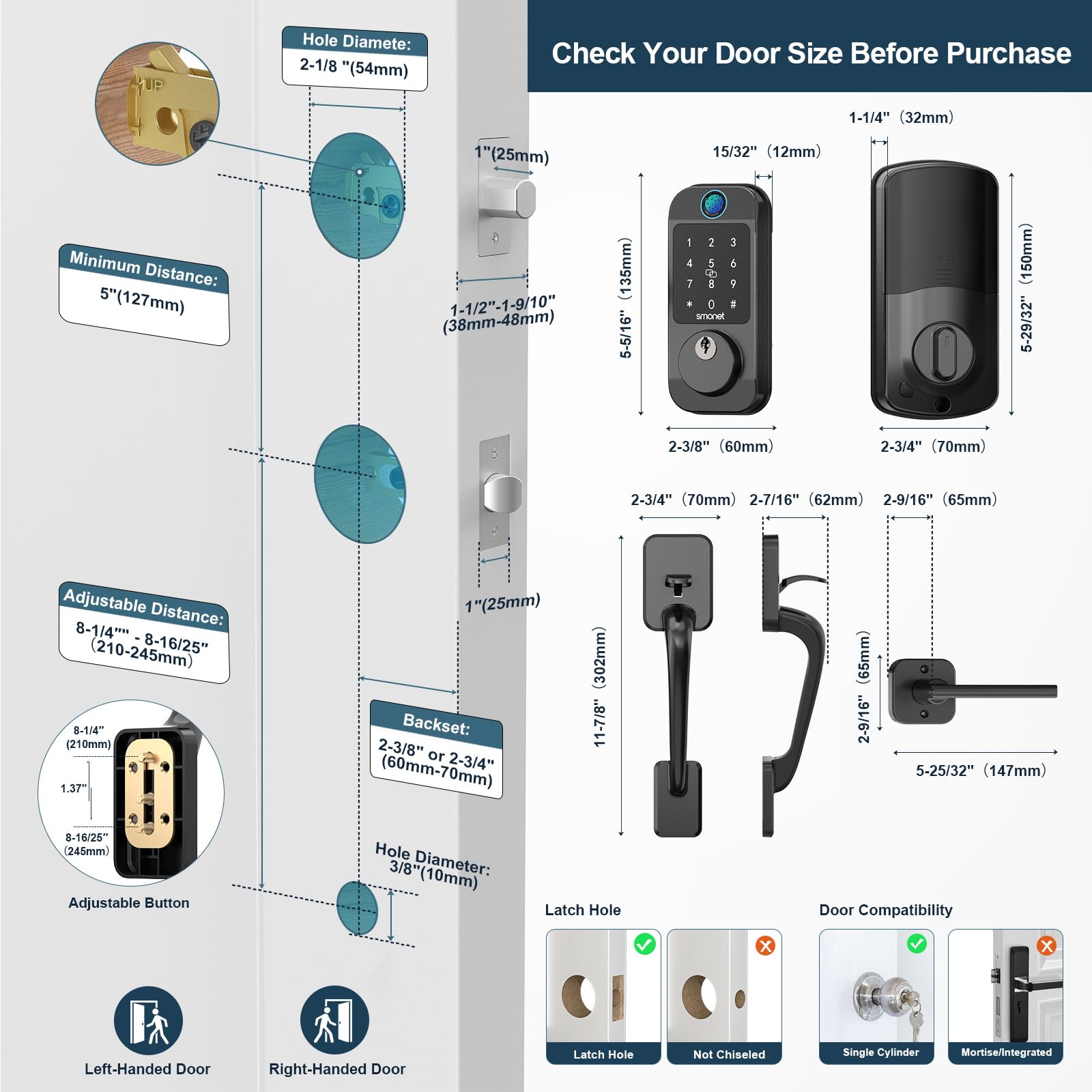 Smonet Keyless Entry Door Lock Deadbolt With Handle Set - Fingerprint Wifi Smart Deadbolt, Digital Remote Control Keypad Bluetooth Alexa Lockset With Auto Lock Code Fob App Black