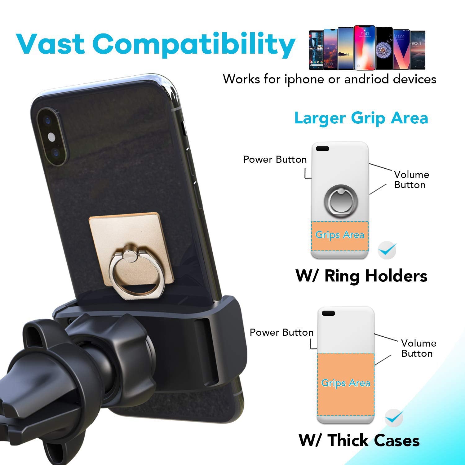 Apps2Car Adjustable Car Vent Phone Mount, With Expandable Spring-Loaded Grip, Universal Strong Hold Air Vent Cell Phone Holder For Car With Super Sturdy Grips, Fit With Iphone And Other Android Phones