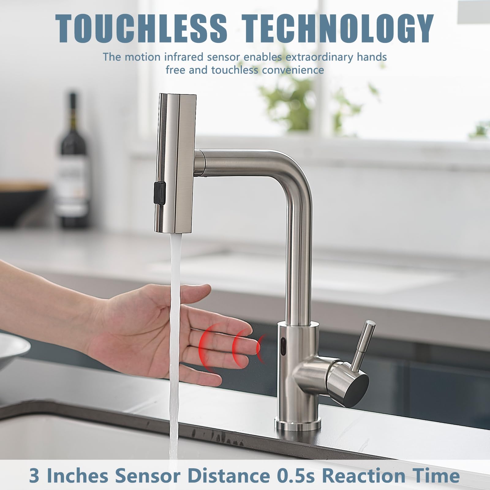 Gimili Touchless Waterfall Kitchen Faucet With Pull Down Sprayer Brushed Nickel Single Hole Handle Stainless Steel Kitchen Sink Faucets Commercial Modern Faucets For Pull Down Sprayer Sinks