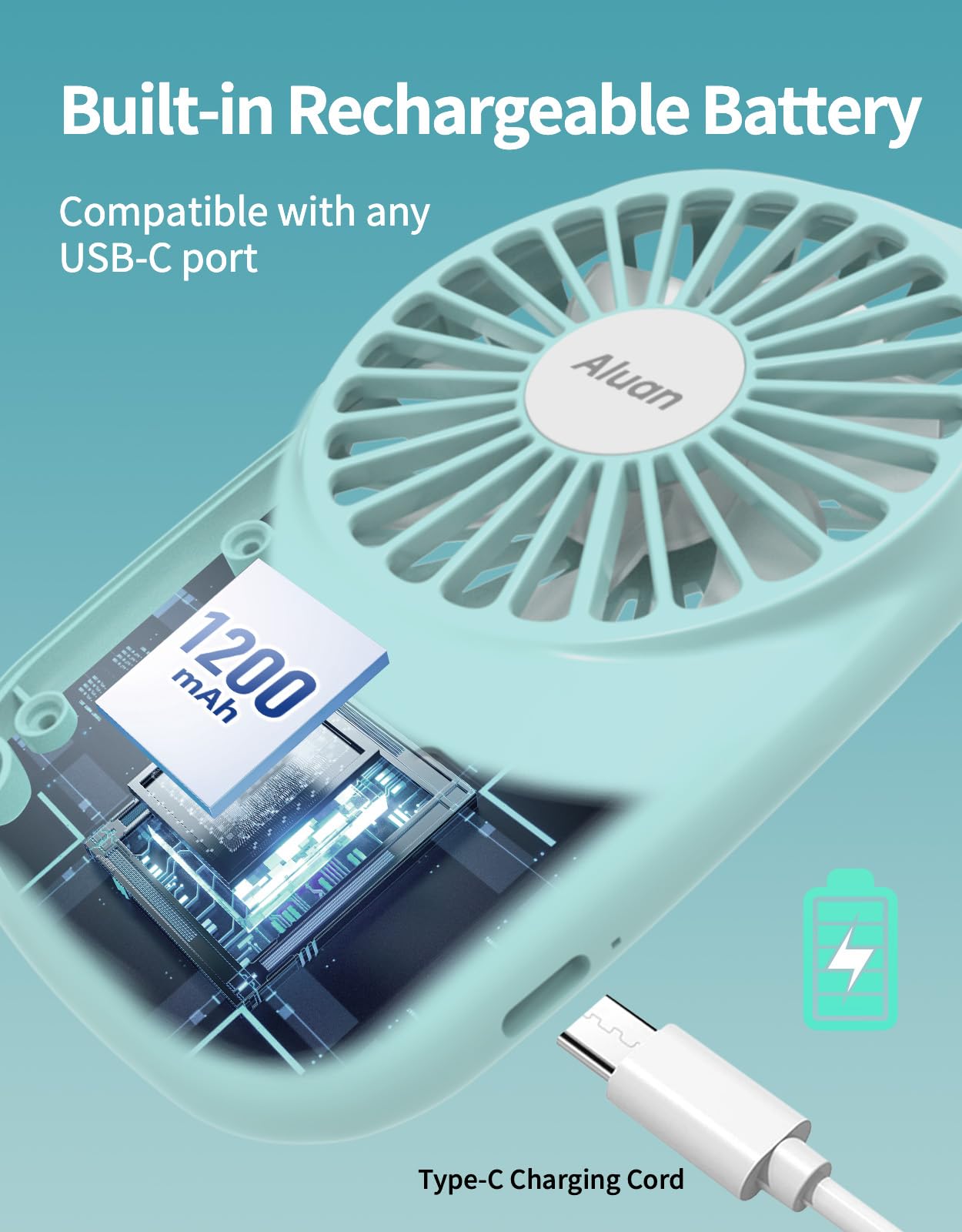 Handheld personal fan by Aluan, USB rechargeable, adjustable speeds for cooling during makeup and eyelash applications