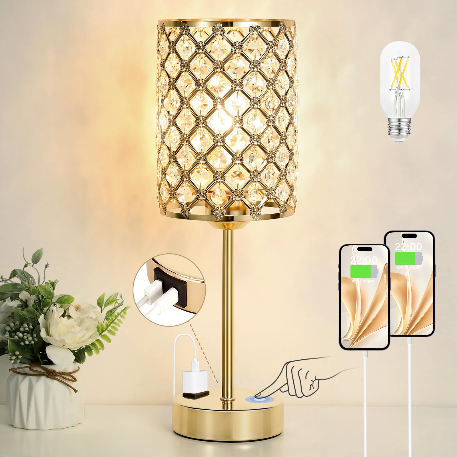 Hong-In Gold Lamp For Nightstand-Crystal Table Lamp With Usb-C+A & Ac Charging Ports, 3-Way Dimmable Nightstand Touch Lamp, Bedside Desk Lamp For Bedroom Living Room Home