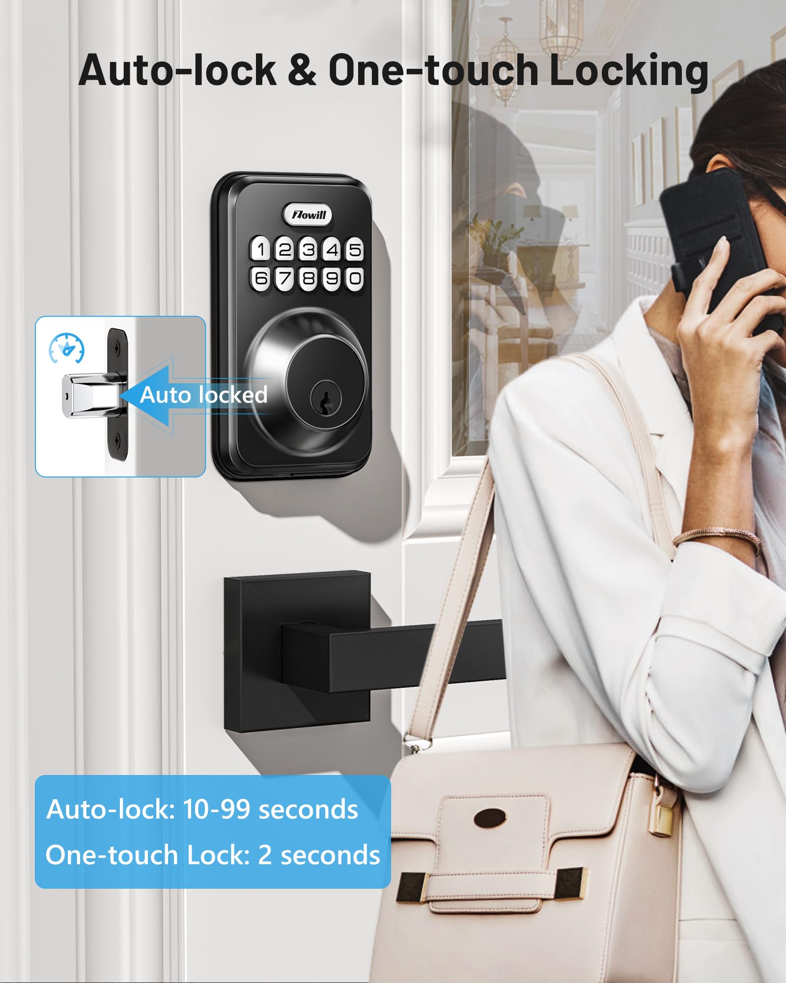 Zowill Keyless Entry Door Lock With 2 Lever Handles, Electronic Keypad Deadbolt, Auto-Locking, Anti-Peeping Password, Digital Code Door Lock, Front Door Handle Sets, Matte Black