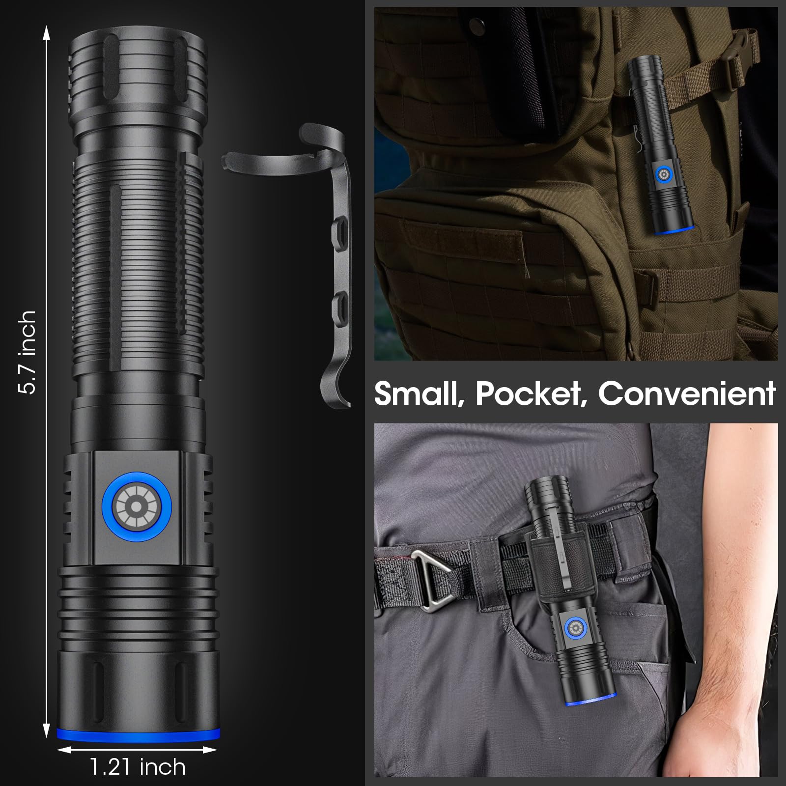 Wssbond Small Flashlights 20000 High Lumens - Led Rechargeable Flashlight 1500 Meter Long Beam Magnetic Flashlight Zoomable Waterproof For Home Emergency Search Tactical Spotlight Flash Light