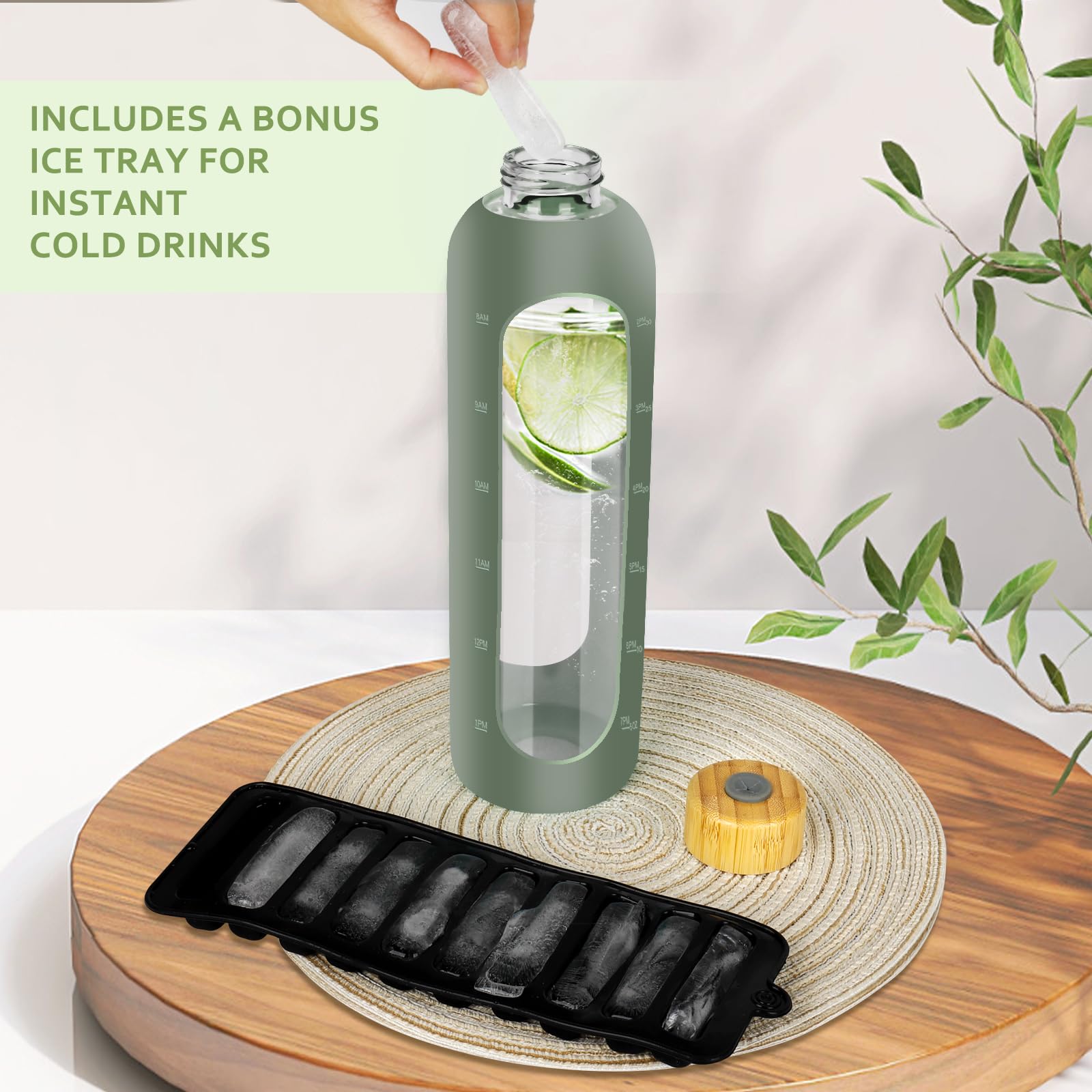 Glass Water Bottles 32 Oz - Motivational Drinking Glass Water Bottle With Silicone Sleeve, Straw