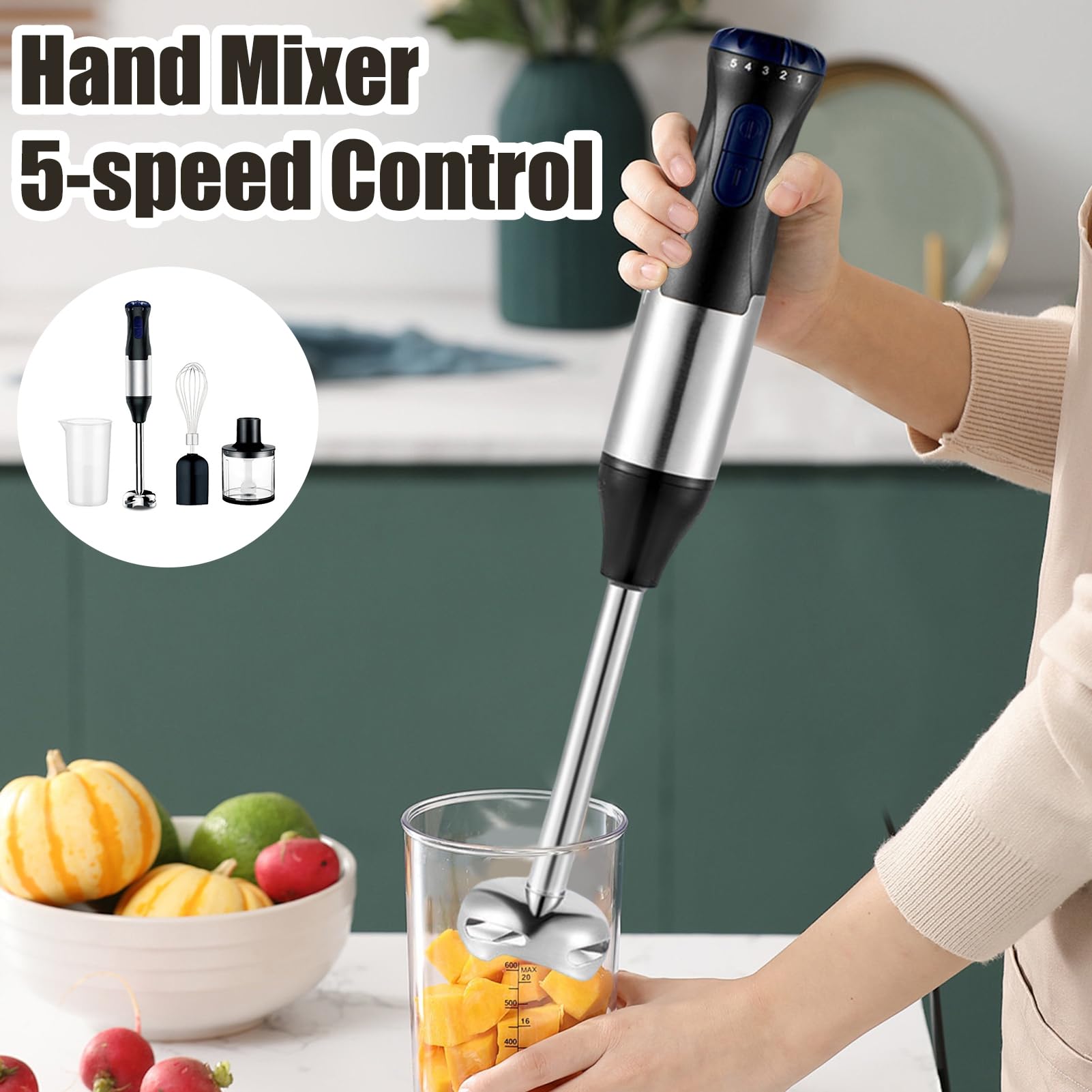 Uniqus Electric Meat Grinder Hand Blender Kit Speed Adjustable Whisk Milk Frother Handheld Blender With Us Plug Silver Color