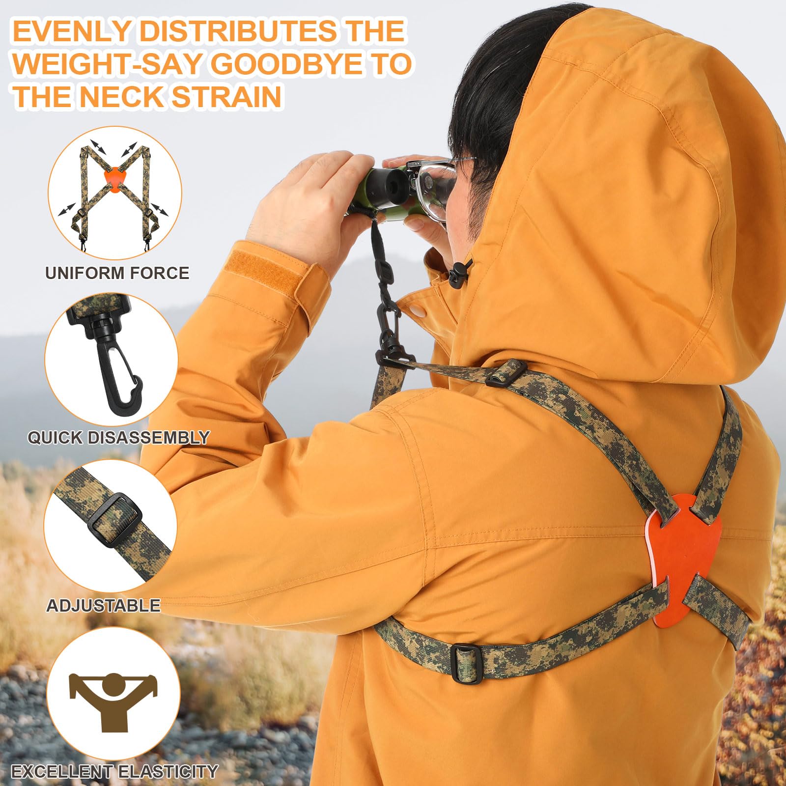 Reallnaive Hunting Binocular Harness - Adjustable X-Shaped Decompression Binocular Chest Strap - Suitable For Hunting, Birding, Hiking, And Rescue Activities