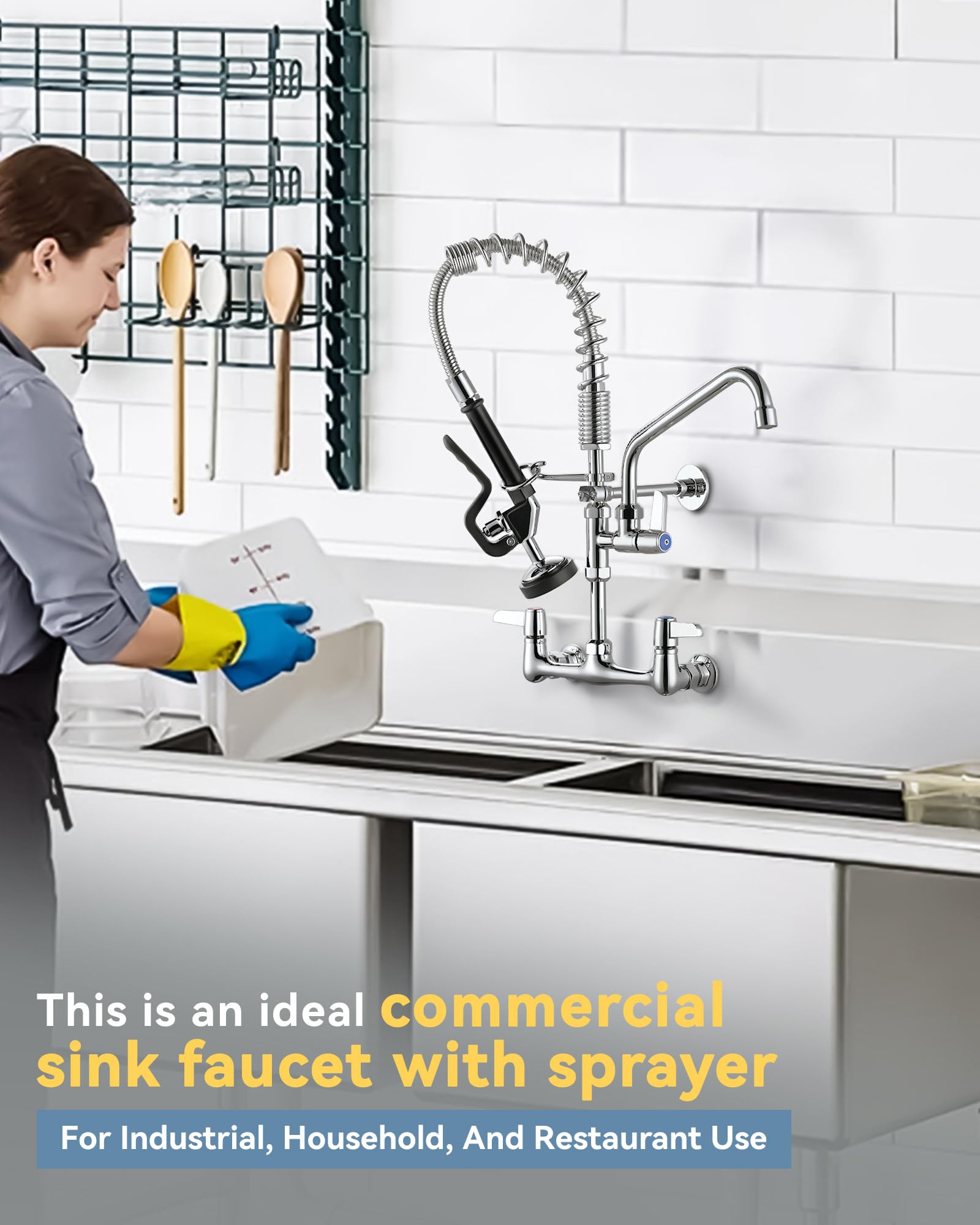 Arcora Commercial Kitchen Faucet Wall Mount: With Pre-Rinse Sprayer - Industrial Restaurant 21" Height 8'' Center Compartment Sink Faucet With 10" Add-On Swing Faucet Chrome