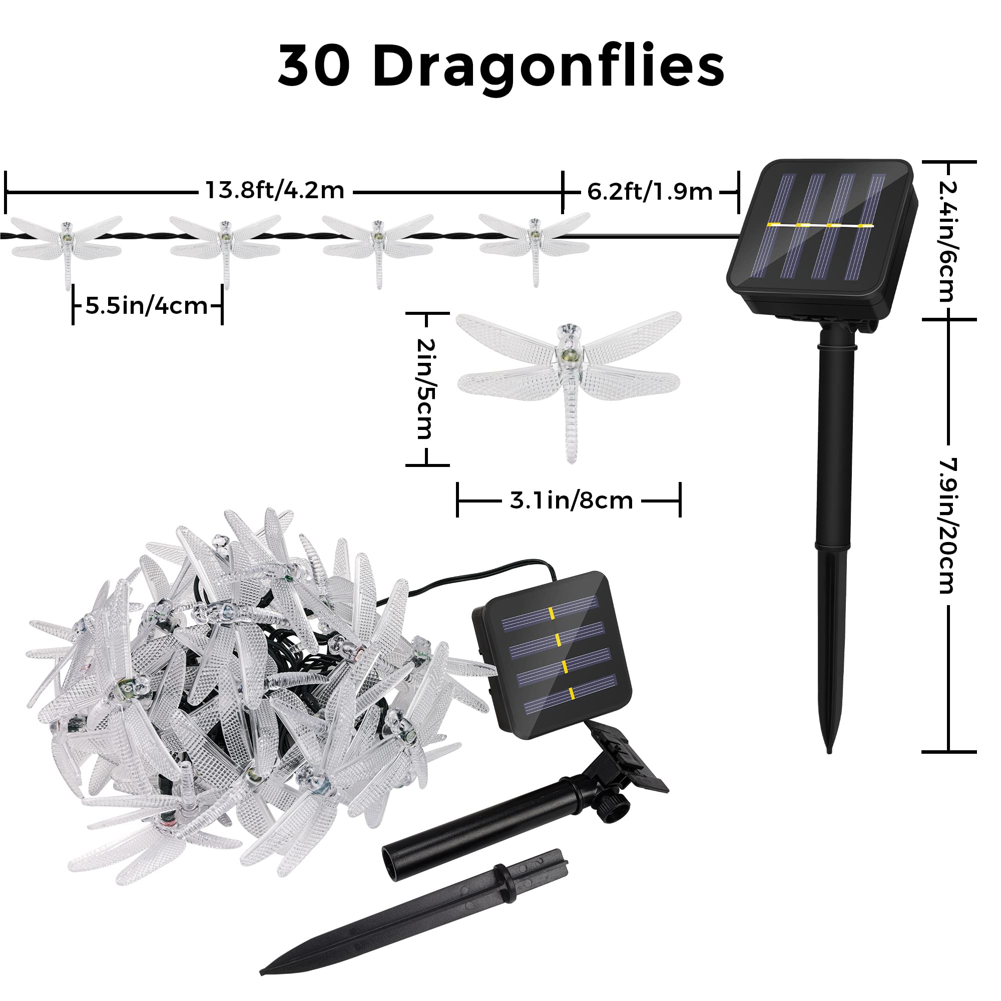 Ciaoye Dragonfly Solar String Lights, 30 Led 21Ft 8 Modes Solar Powered Outdoor Waterproof Fairy Lighting For Christmas Trees Garden Patio Fence Wedding Party Decor, Multi Color