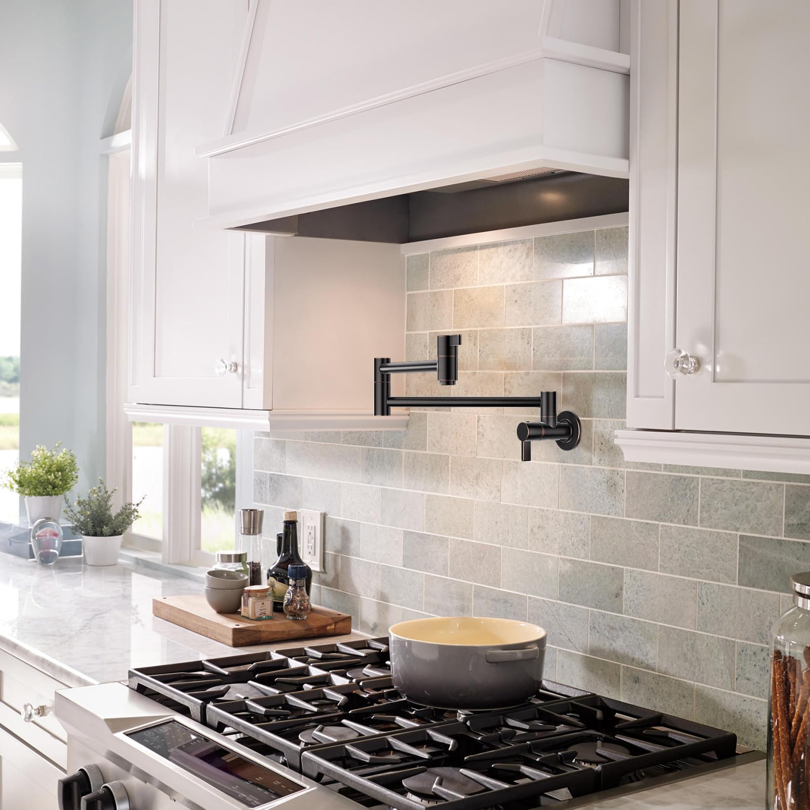 Arcora Pot Filler Faucet Oil Rubbed Bronze, Traditional Pot Filler Wall Mount 2 Handle With Double Joint Swing Arms Brass Stove Faucet
