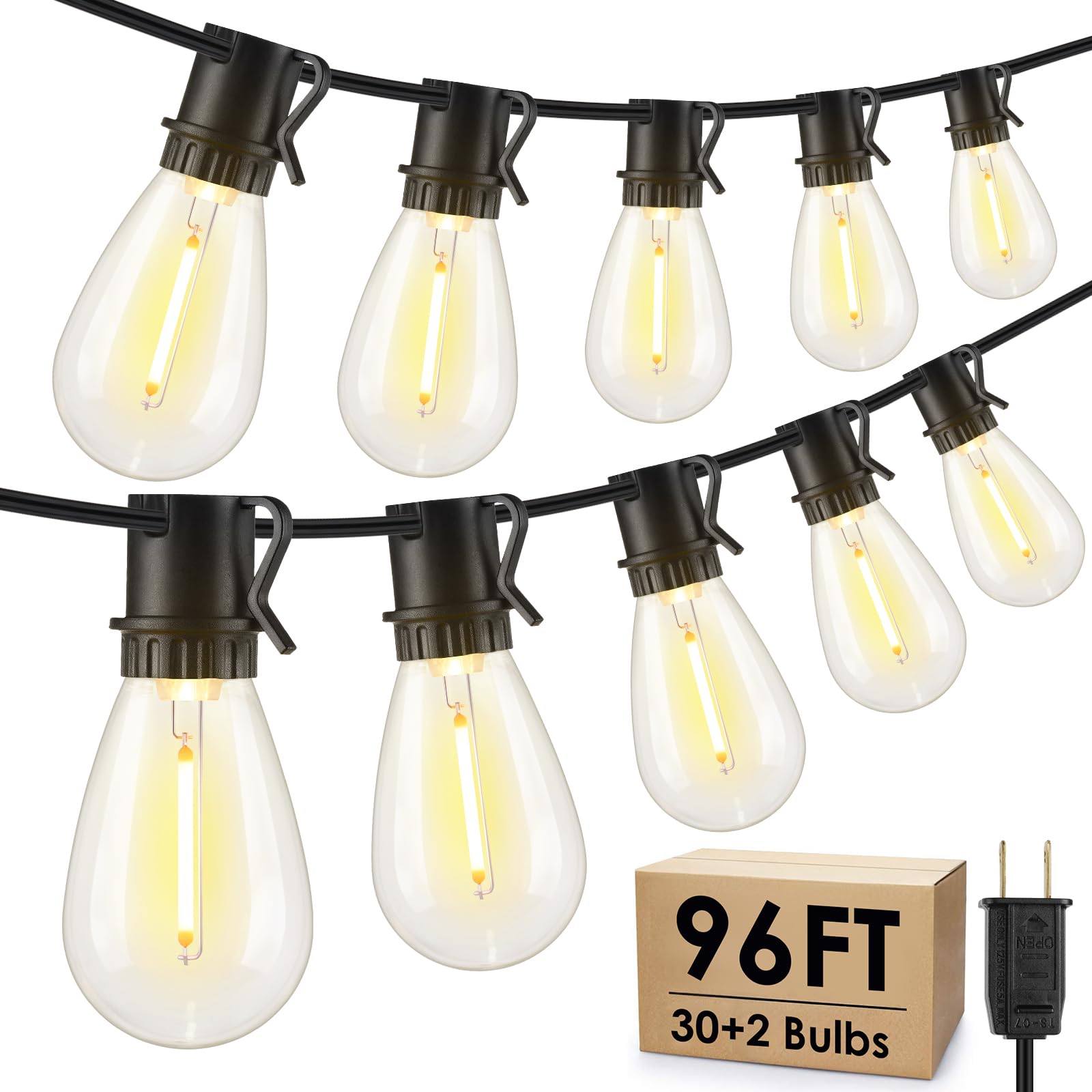 Larkvue 96Ft Led Outdoor String Lights, Waterproof Patio Lights With 30+2 2700K Dimmable Shatterproof Edison Hanging Bulbs For Backyard Party-Black