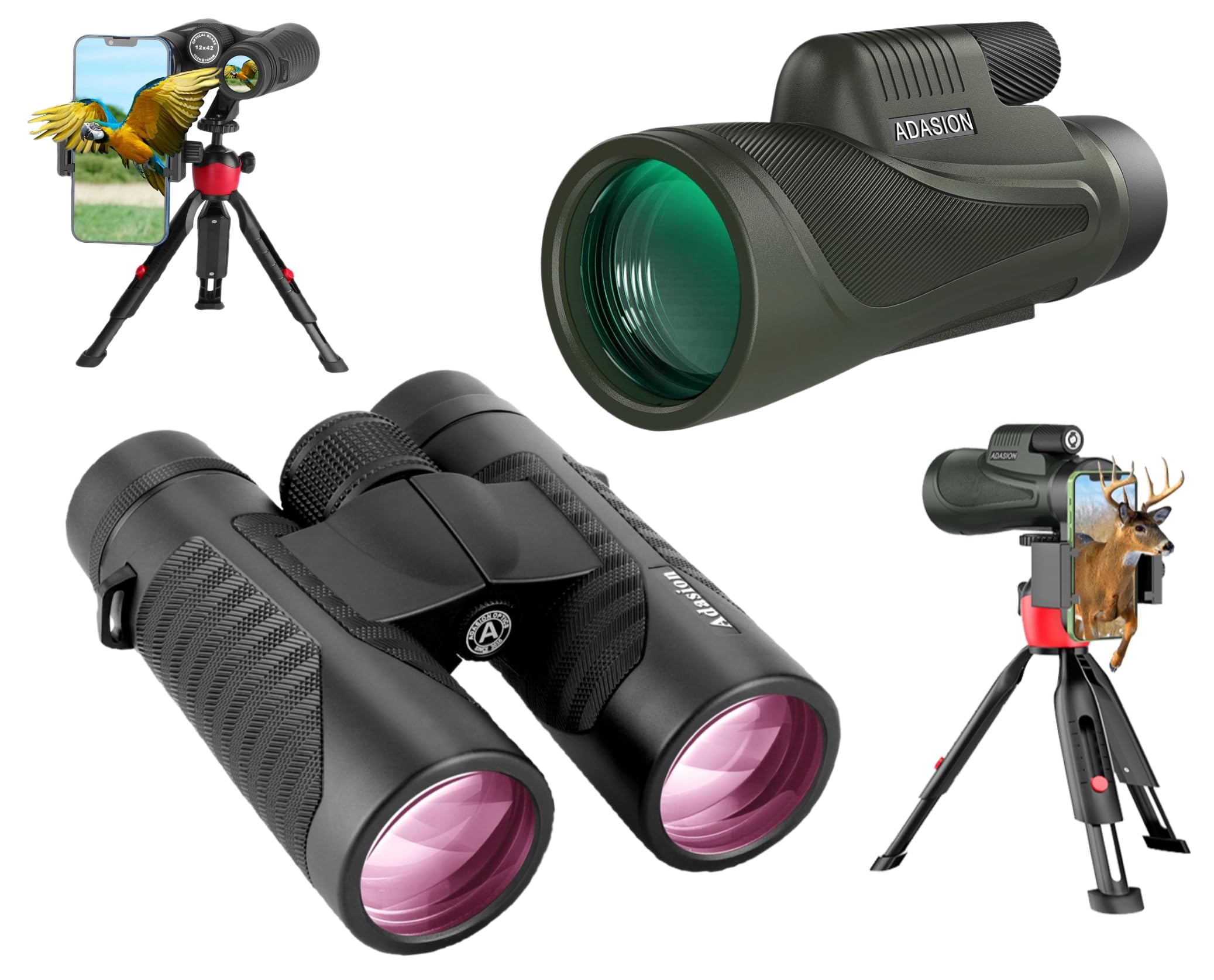 Adasion 12X42 Hd Binocular(1Pack) And 12X56 Hd Monocular(1Pack) With Universal Phone Adapter - High Power With Super Bright And Large For Bird Watching Hunting Outdoor Sports Travel