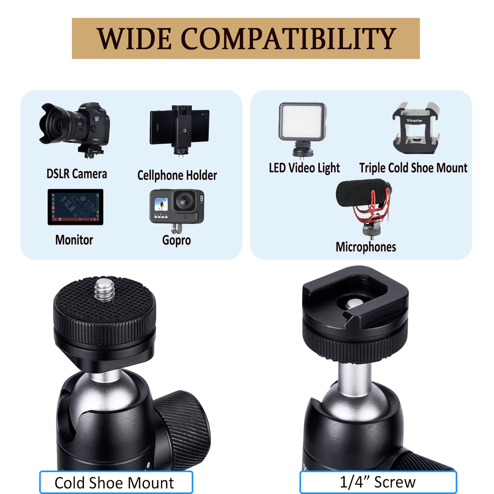 Ytvariw Mini Camera Tripod With Phone Holder,Aluminum Alloy Desktop Tripod Stand Lightweight Portabletripod 360° Ball Head Cold Shoe For Dslr, Webcam,Cell Phone