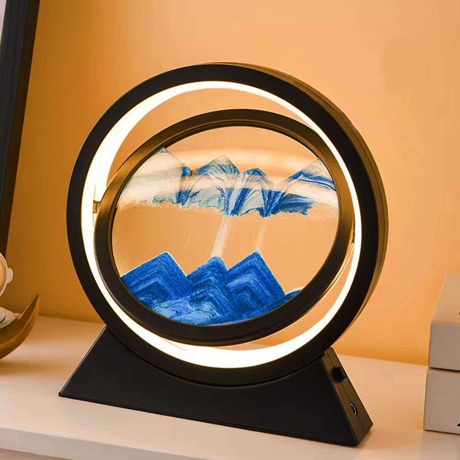 Gutsyluv 3D Mobile Sand Painting Table Lamp, Moving Sand Art Decor With Led Light, 360 Rotatable Quicksand Painting For Home Office Decor, Creative (Blue)