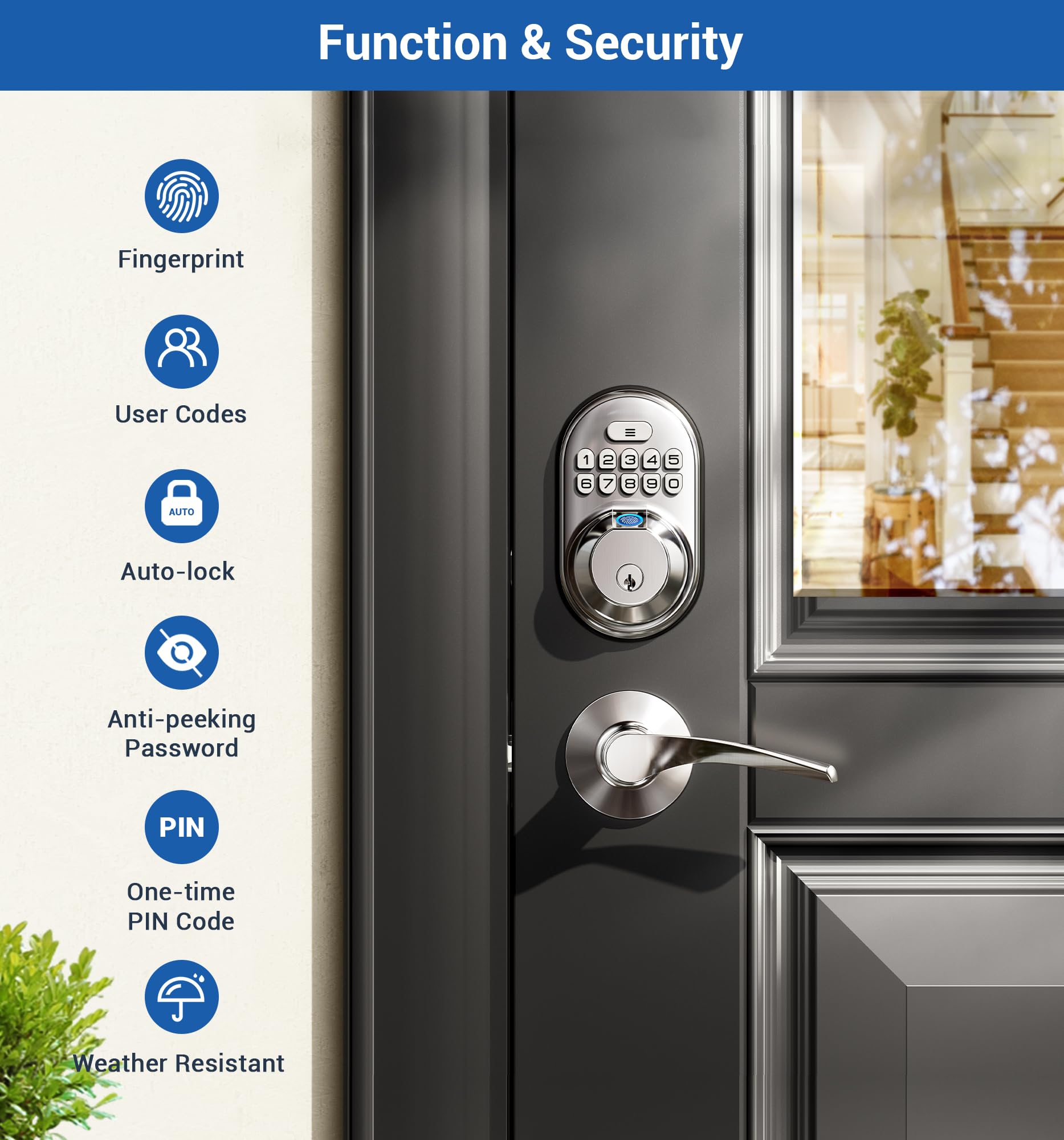 Veise Fingerprint Door Lock With 2 Lever Handles, Keyless Entry Keypad Electronic Deadbolt, Front Door Lock Set, Easy Installation, Satin Nickel