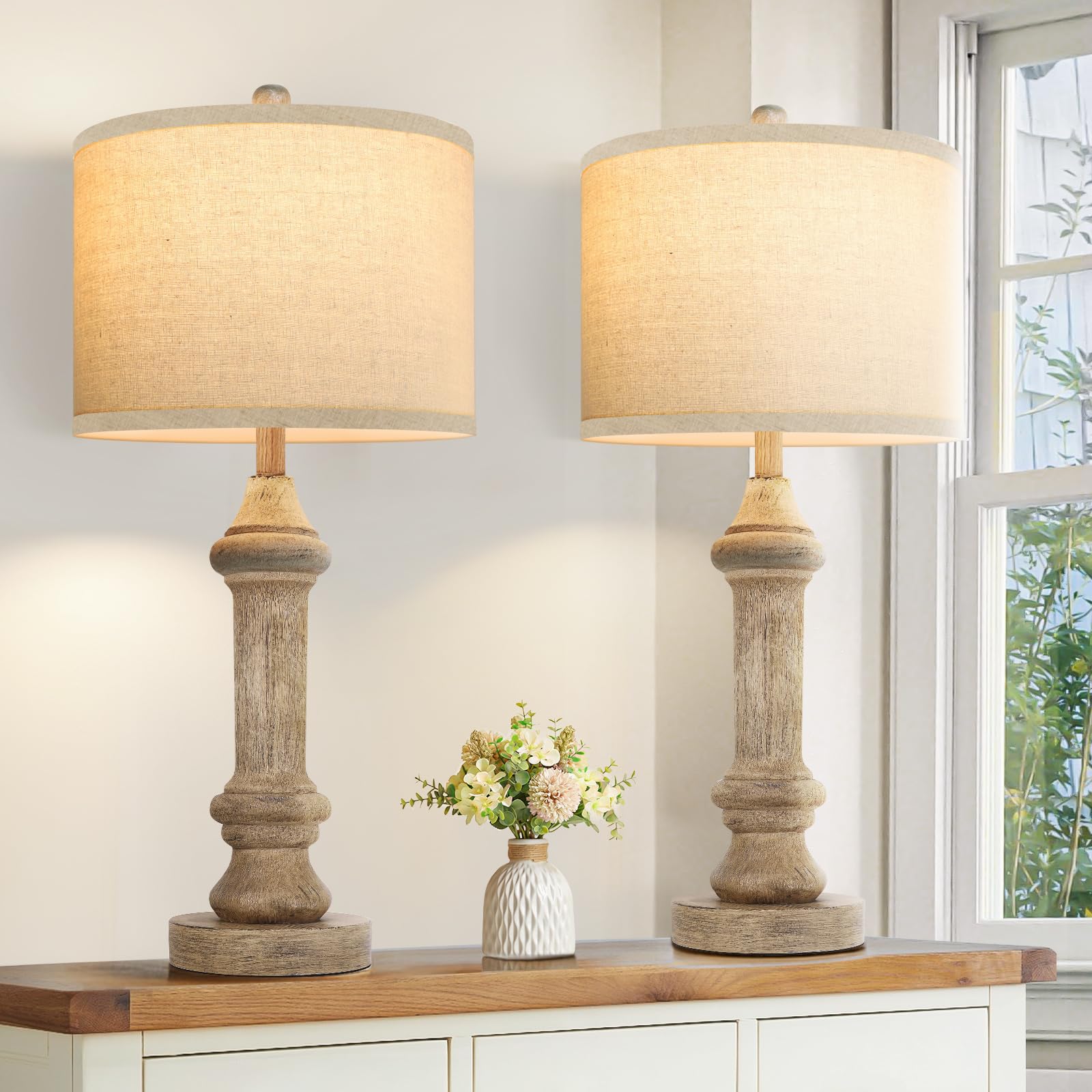 Spclsim Farmhouse Table Lamps For Bedroom Set Of 2, 25" Rustic Living Room End Table Lamps With Beige Resin Body Black Aged Texture Beige Shade, Vintage Bedside Nightstand Lamps, Bulb Not Included